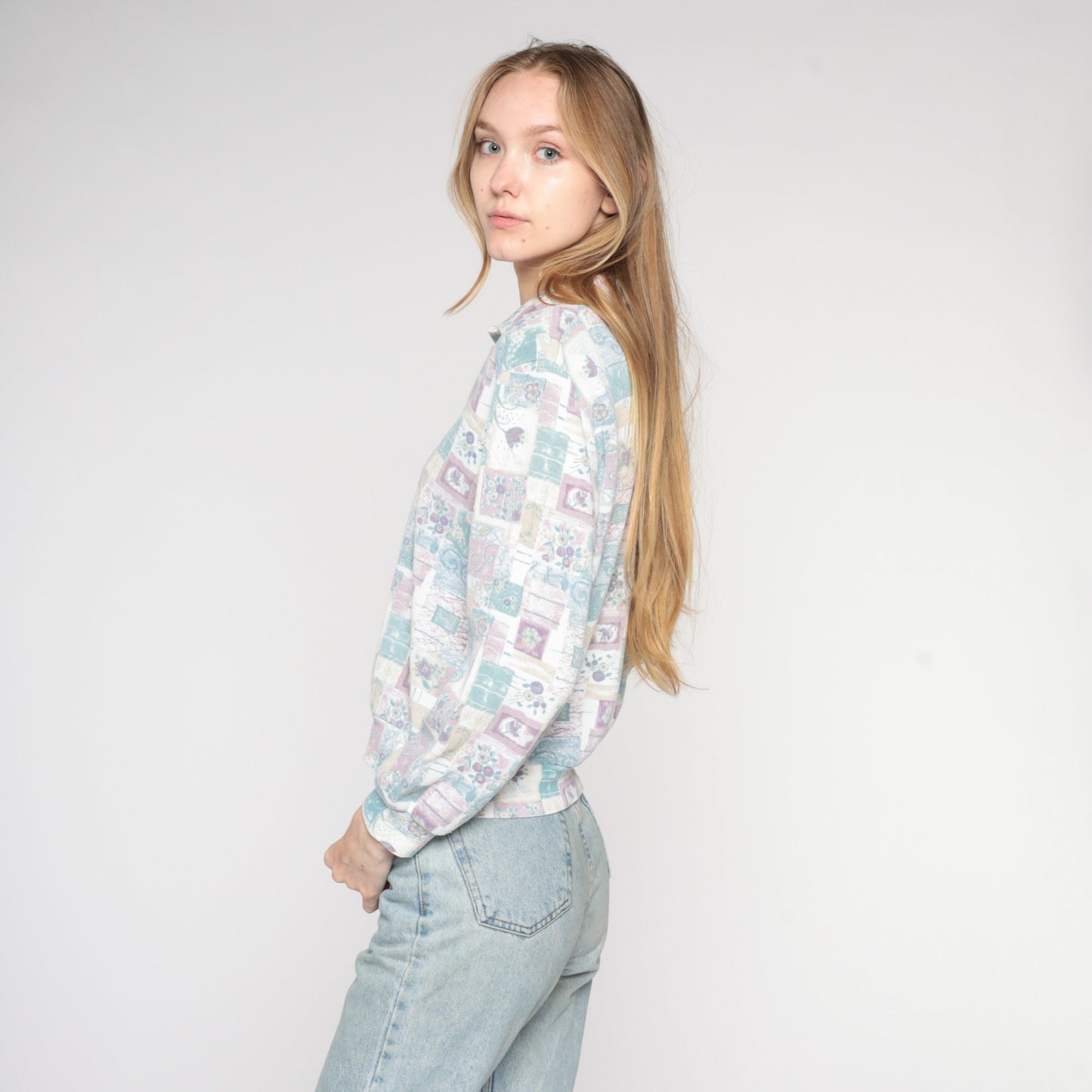 90s Floral Long Sleeve Collared Shirt Banded Hem Pastel Flower Print Medium