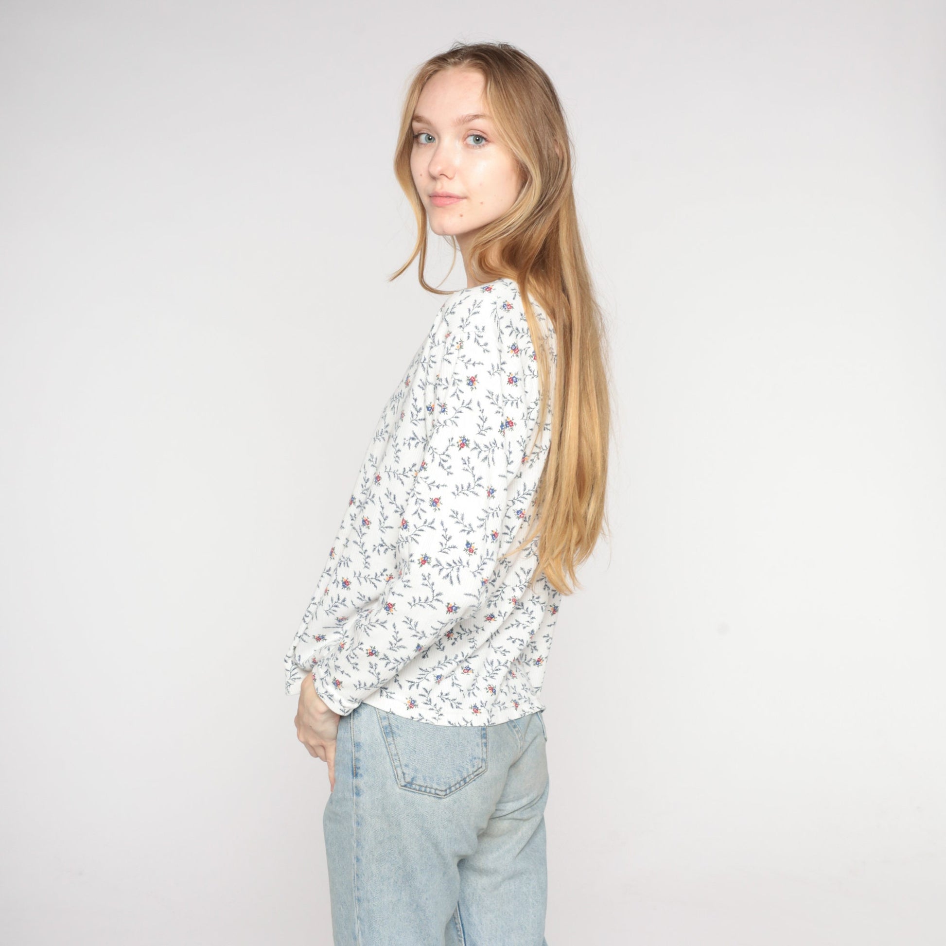 90s Floral Henley Long Sleeve Ribbed Shirt White Medium