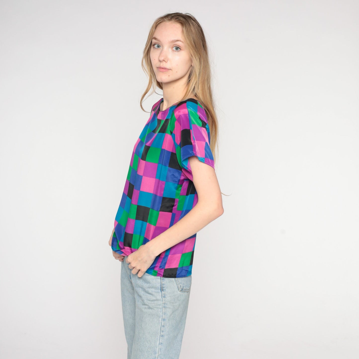 90s Colorful Checkerboard Short Sleeve Blouse Purple Pink Blue Medium M
