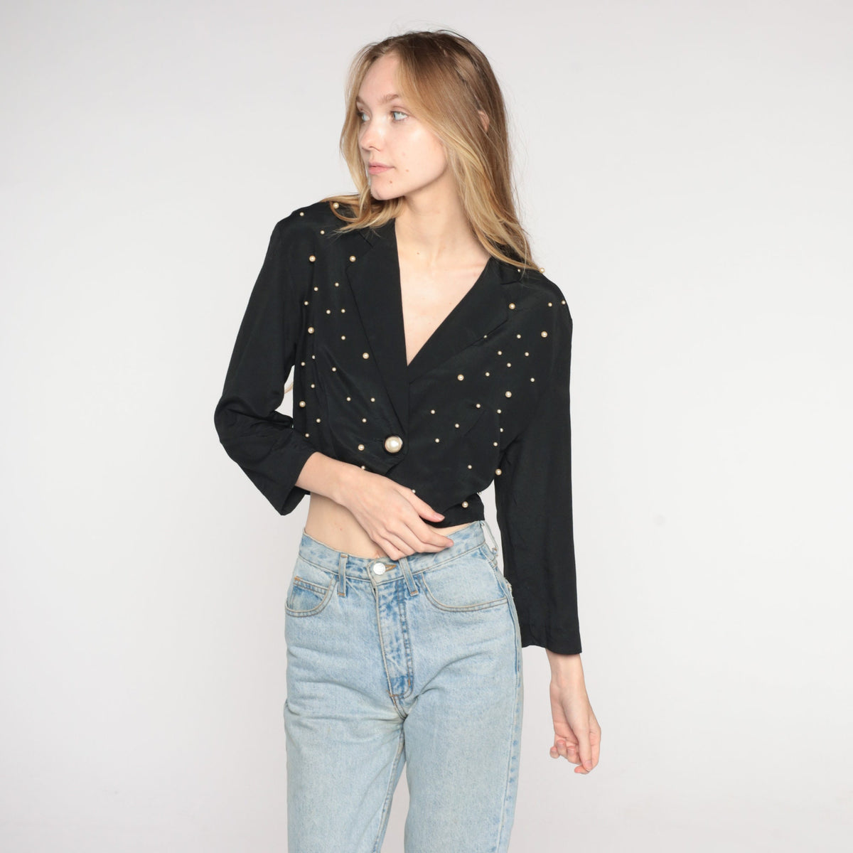 90s Black Cropped Blazer Pearl Beaded Single Button Jacket Medium