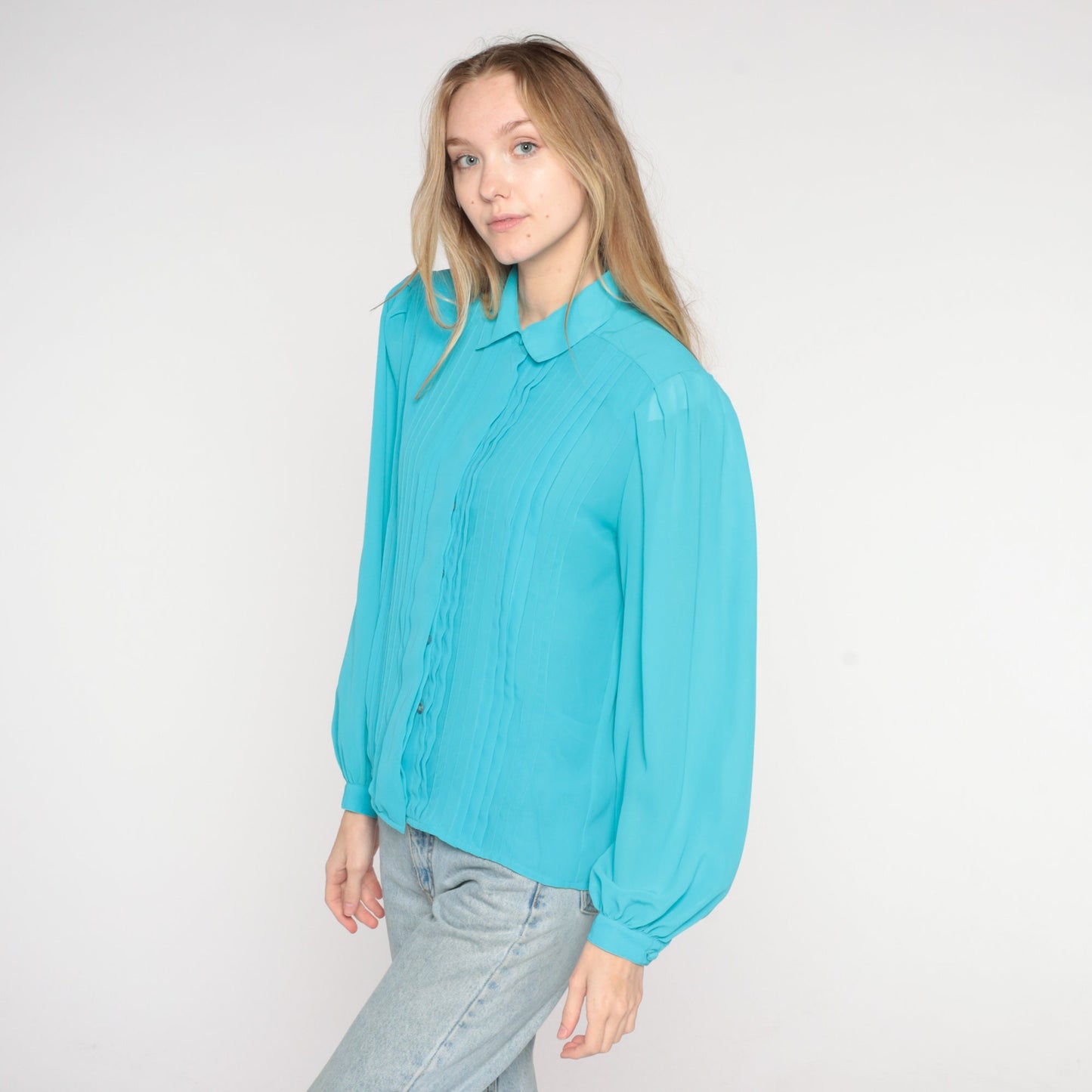 80s Blue Pleated Blouse Puff Sleeve Collared Button-Up Medium