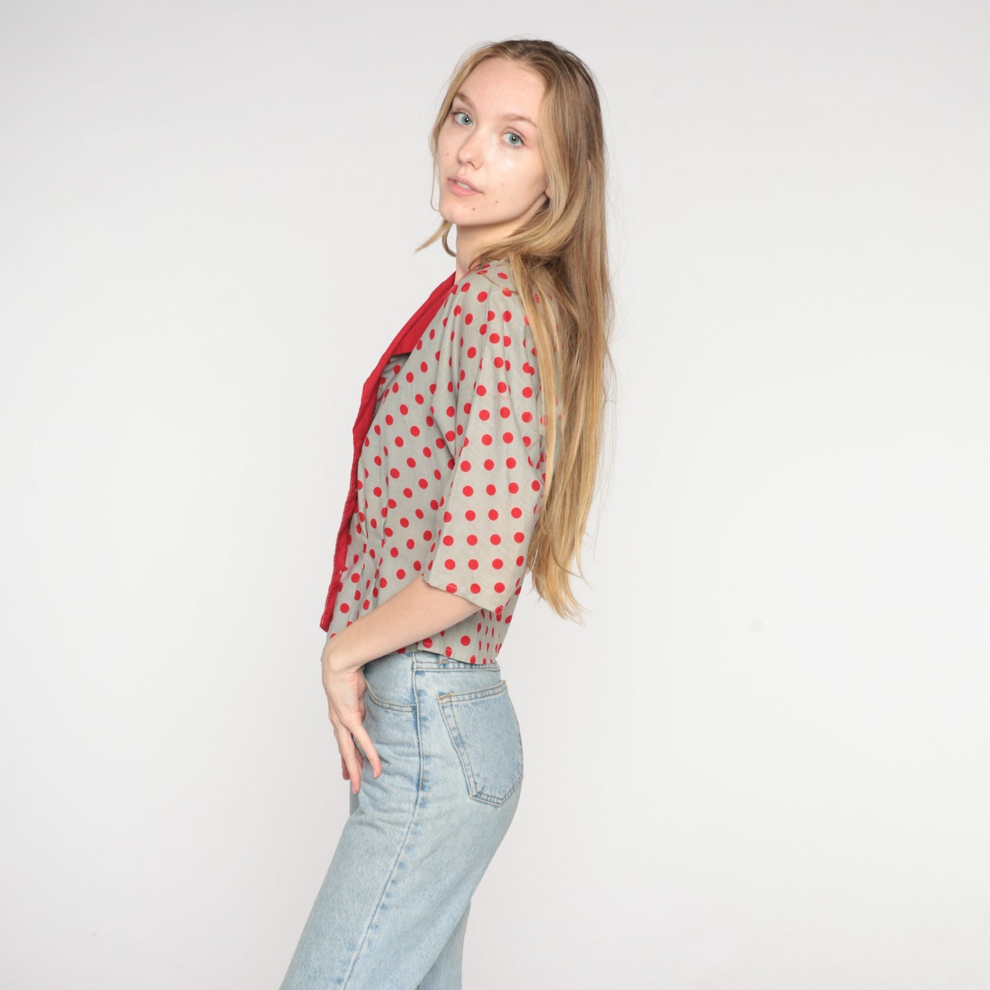 80s Grey Polka Dot Cotton Blouse Double Breasted Red Collar Short Sleeve Small