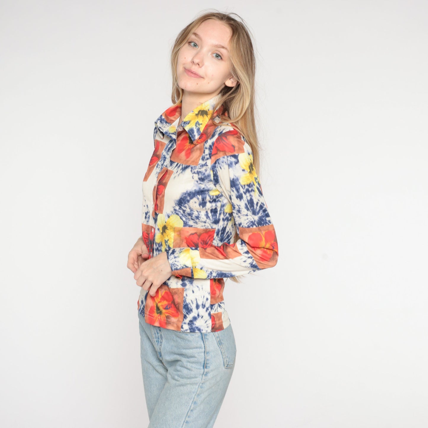 90s Tie Dye Floral Button Up Blouse White Psychedelic Print Collared Long Sleeve Small