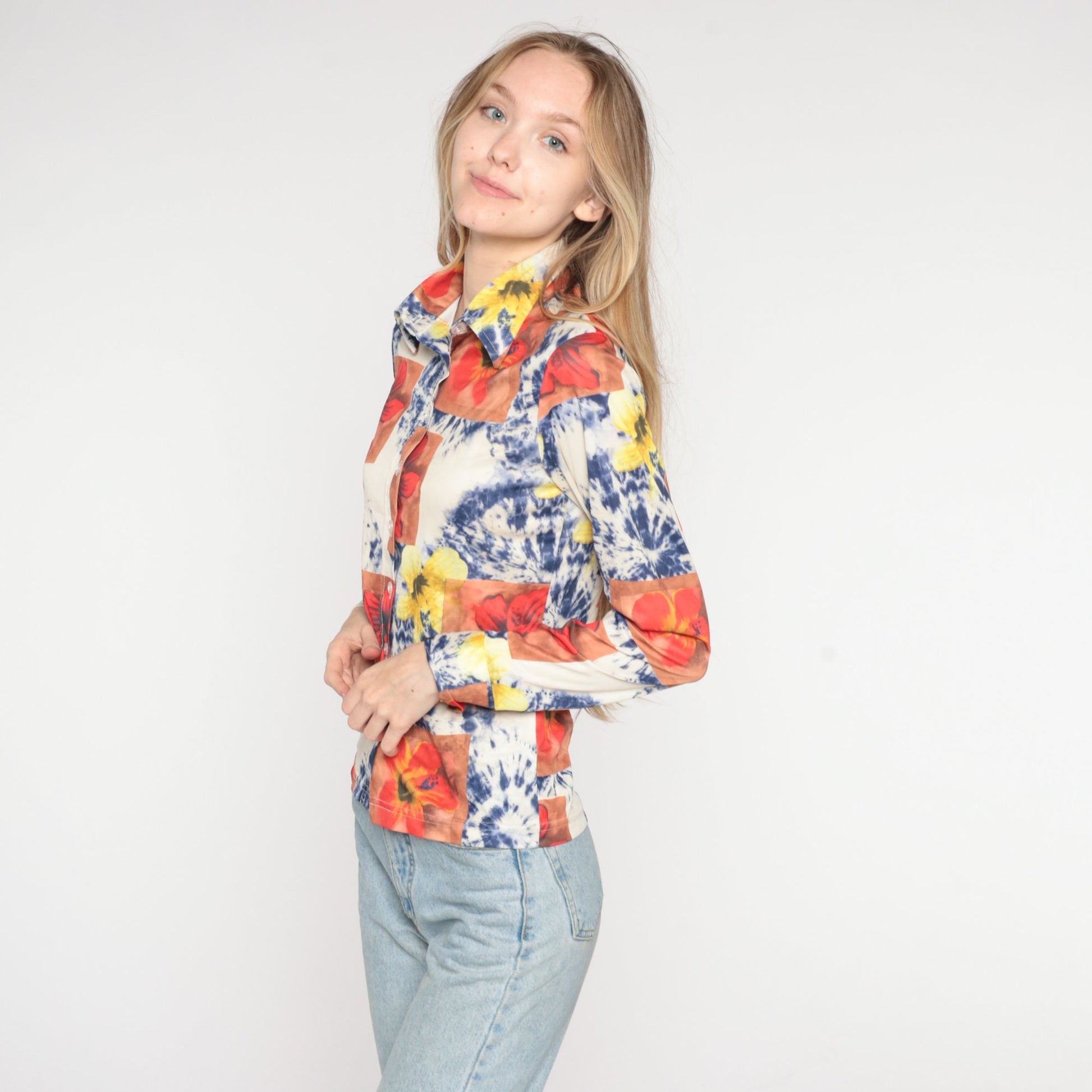 90s Tie Dye Floral Button Up Blouse White Psychedelic Print Collared Long Sleeve Small