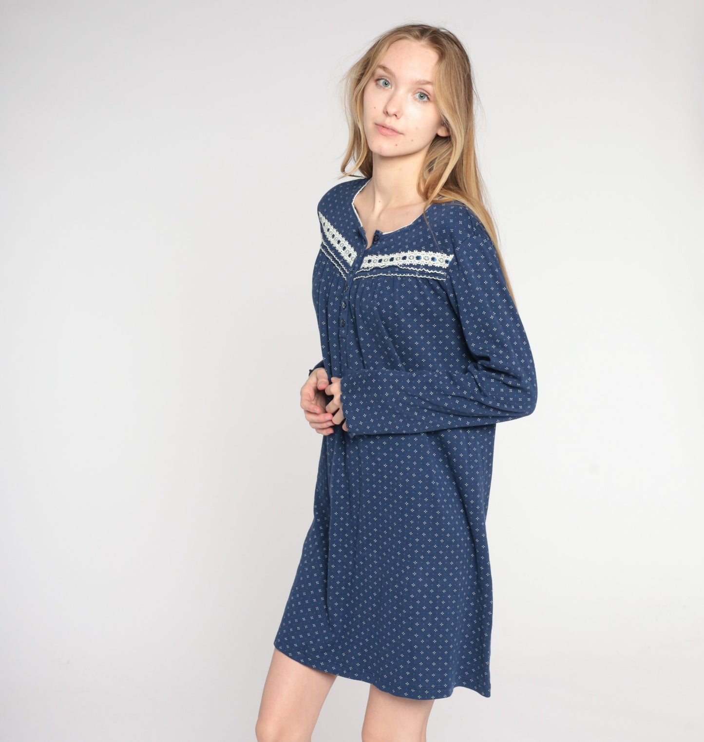 Y2K Navy Calico Floral Pajama Dress Long Sleeve Button-Up Nightgown Large L