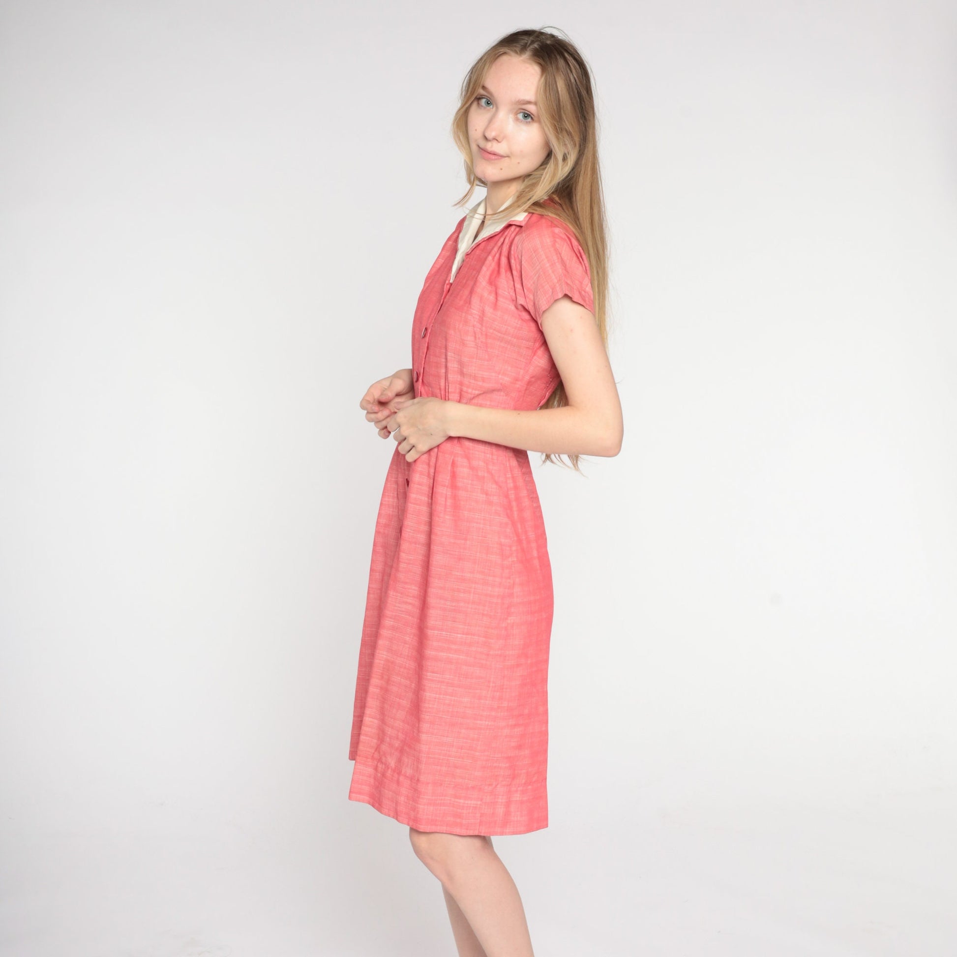 1950s Pink Woven Shirtdress Collar Button-Up Knee Length Small