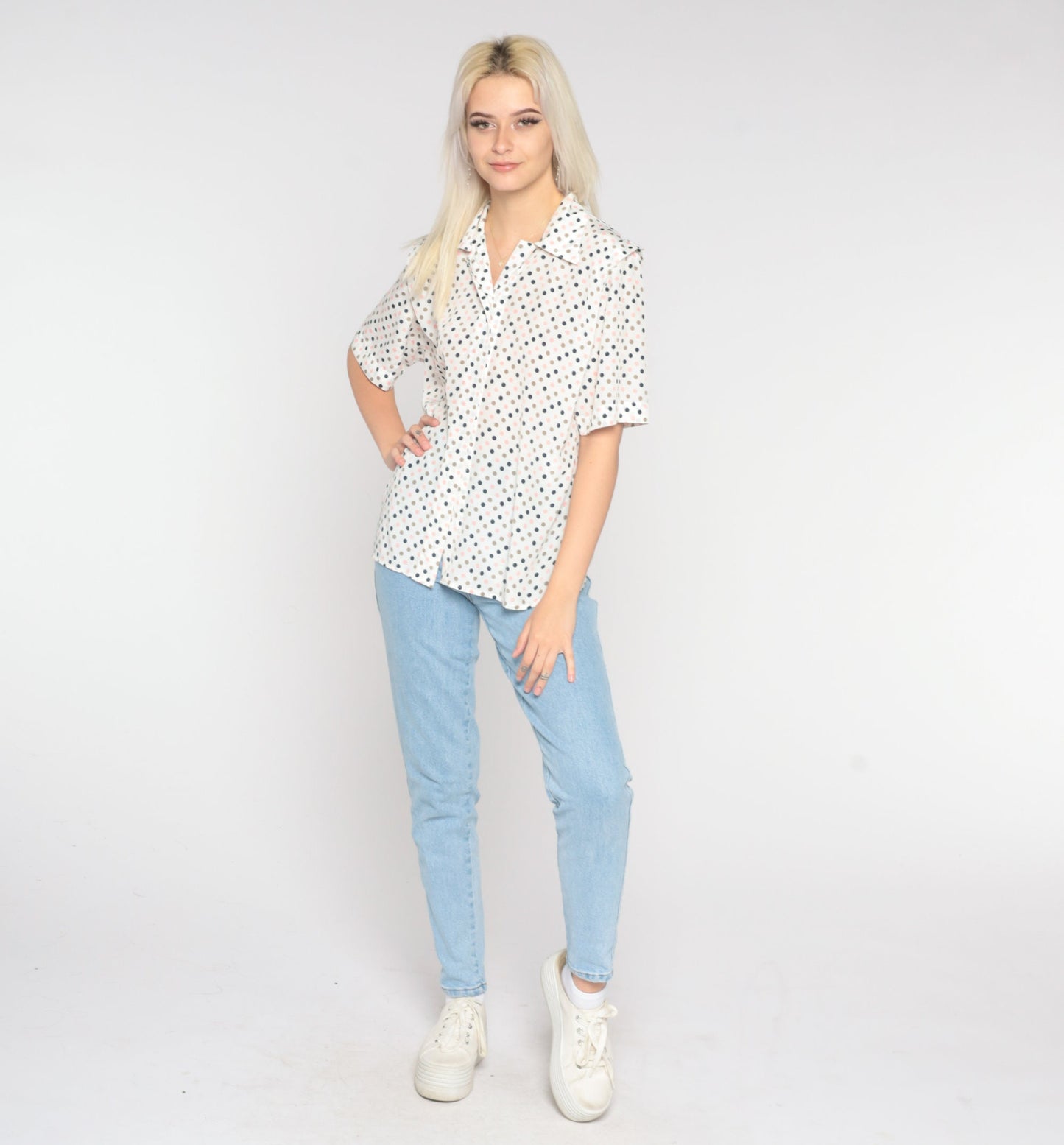 80s White Polka Dot Button-Up Blouse Short Sleeve Small