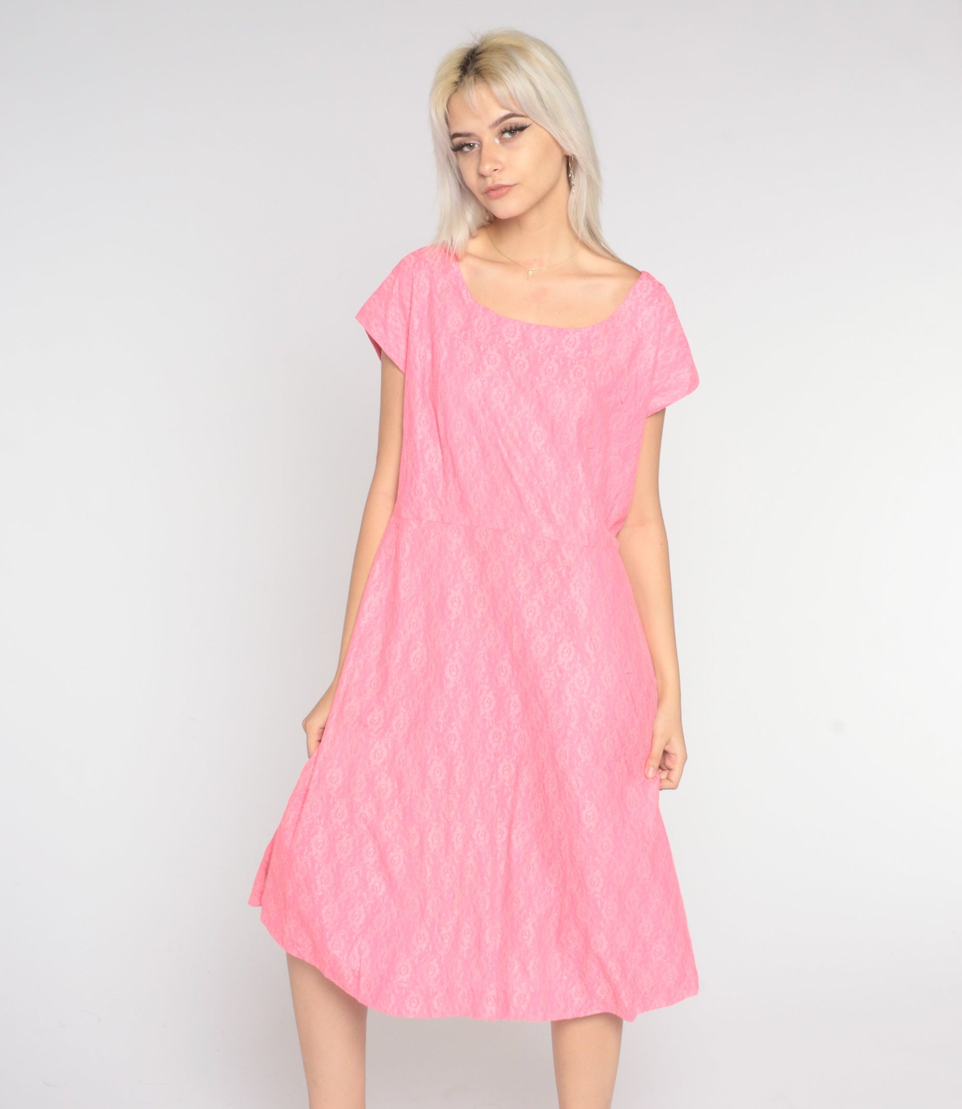 60s Pink Lace Midi Dress Shift Sleeveless High Waist Large