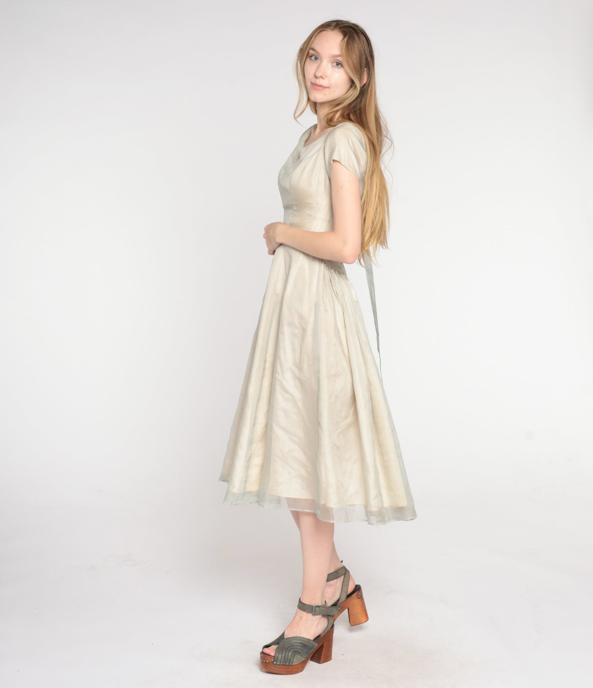 1950s Taupe Organza Midi Dress Cap Sleeve High Waist Full Skirt Extra Small