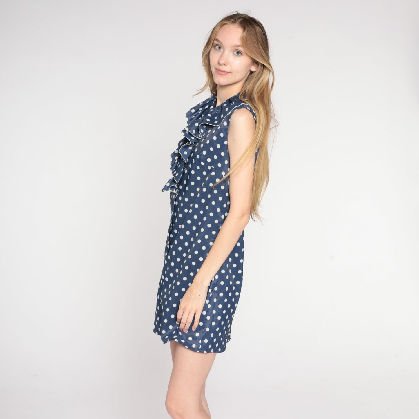 70s Navy Polka Dot Mini Shift Dress Ruffled Collar Sleeveless Small