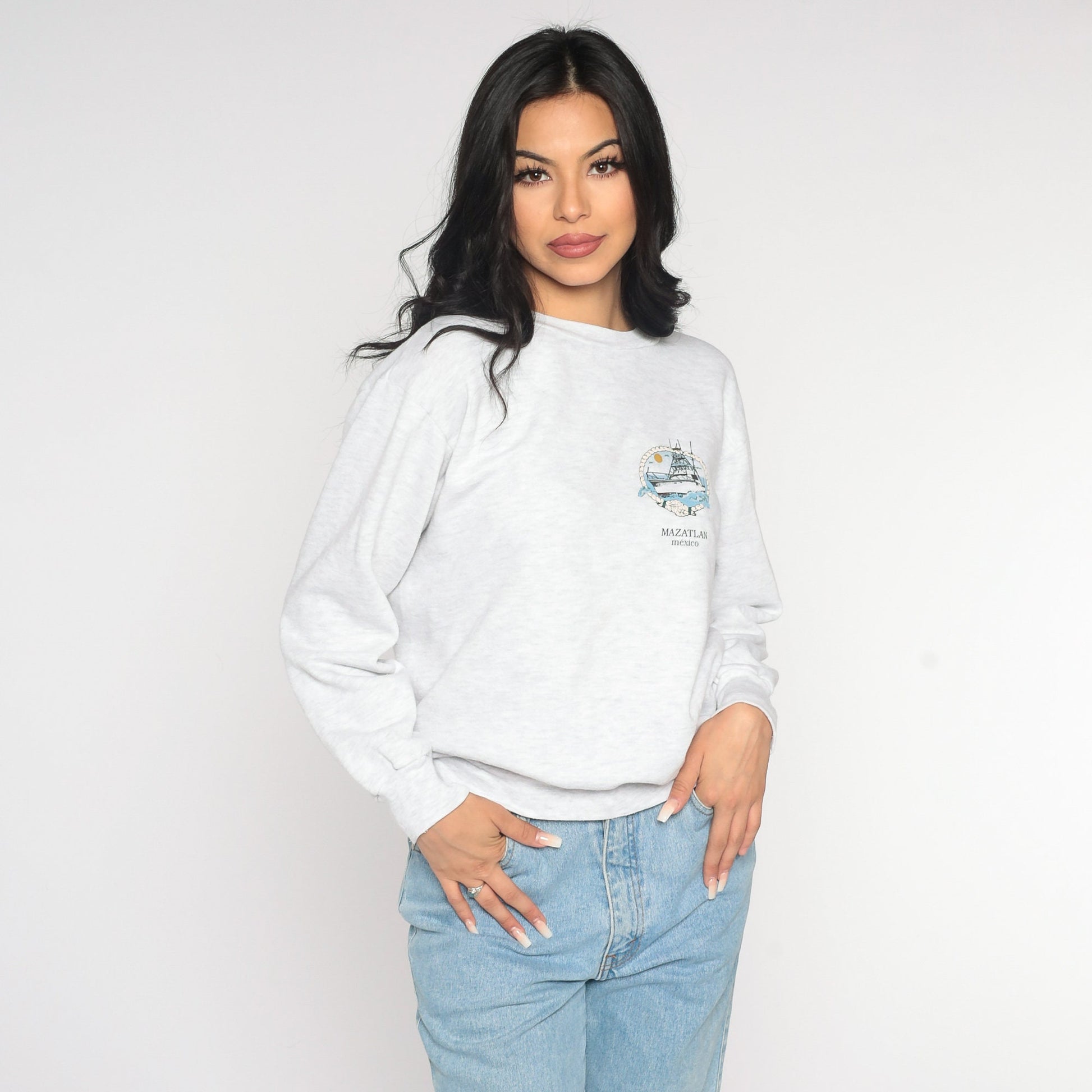 90s Mazatlan Mexico Fishing Sweatshirt Grey Crewneck Small