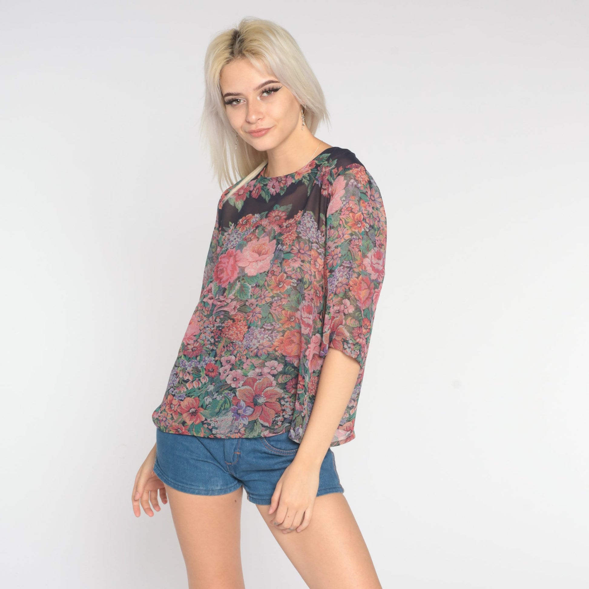 90s Sheer Floral Blouse Black Botanical Print 3/4 Sleeve Medium Large