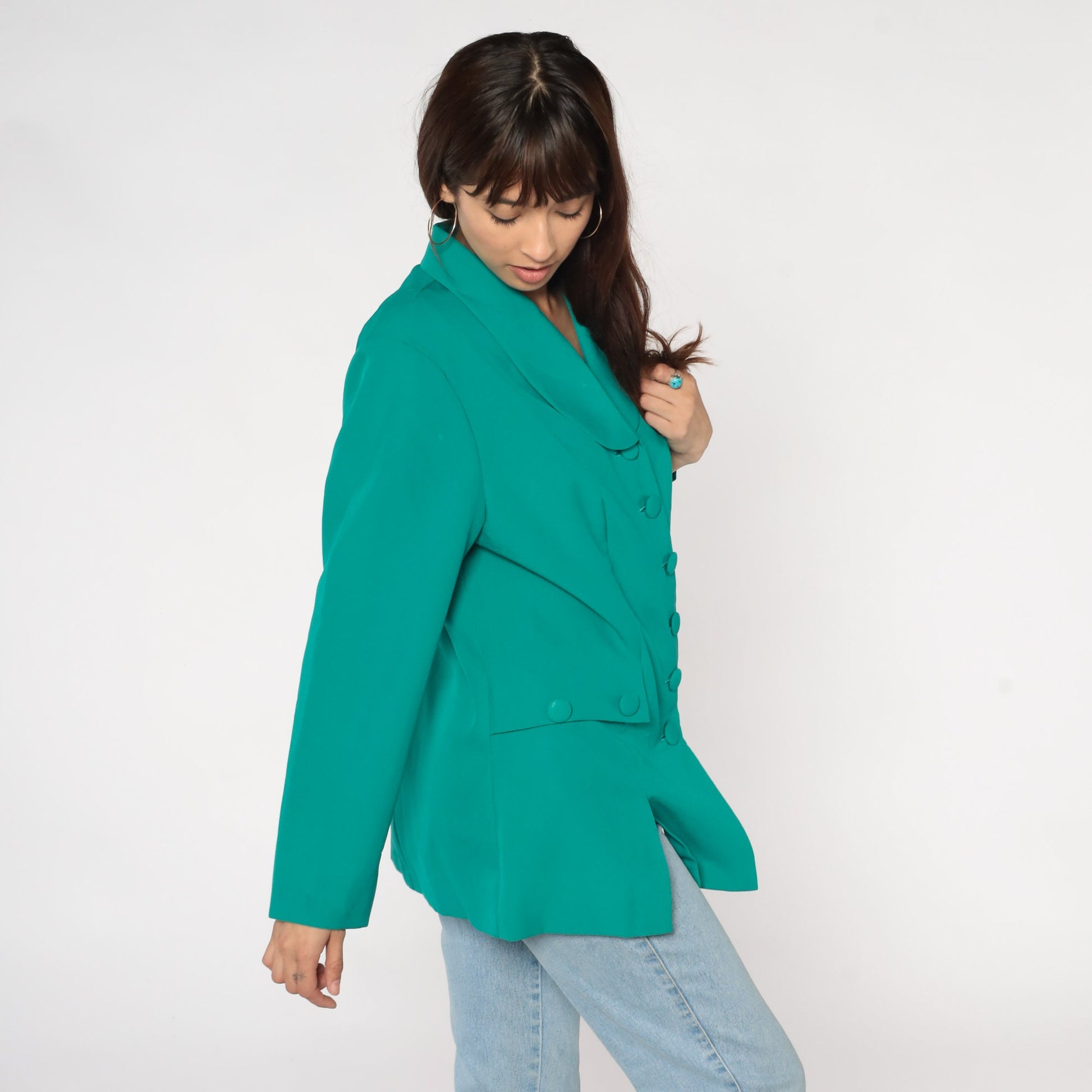 90s Green Blazer Button-Up Jacket Rounded Collar Office Wear Large L
