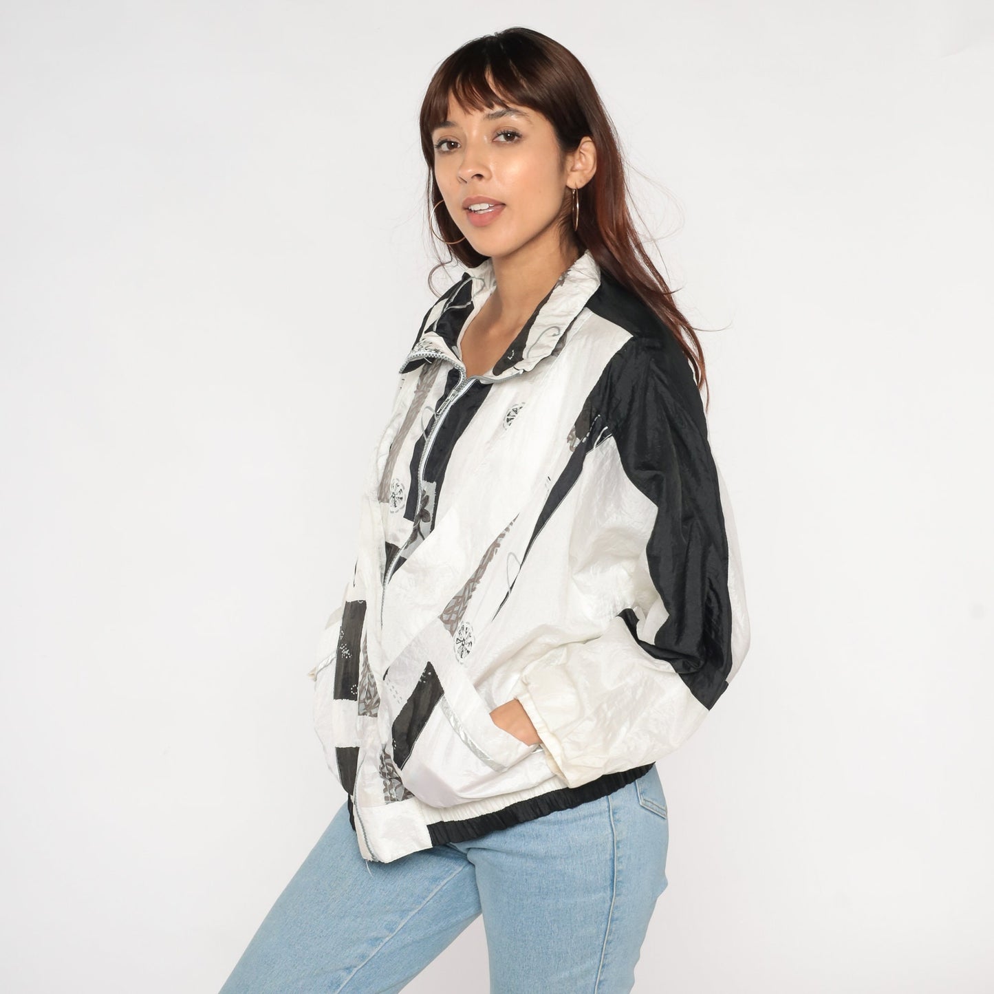 90s Abstract Floral Windbreaker Black White Nylon Zip Jacket Large L