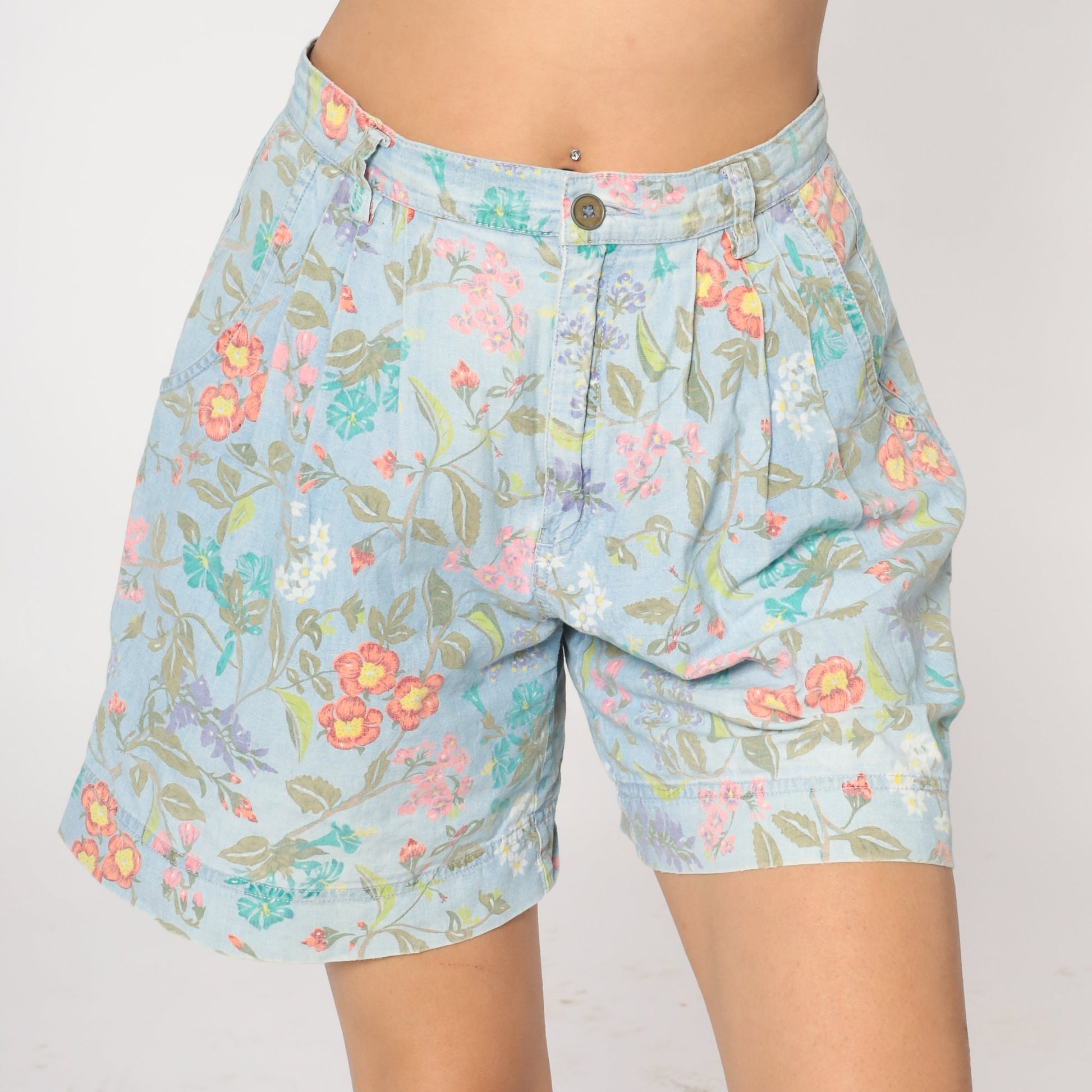 90s Liz Claiborne Floral Denim Shorts High Waist Pleated Blue Cotton Medium