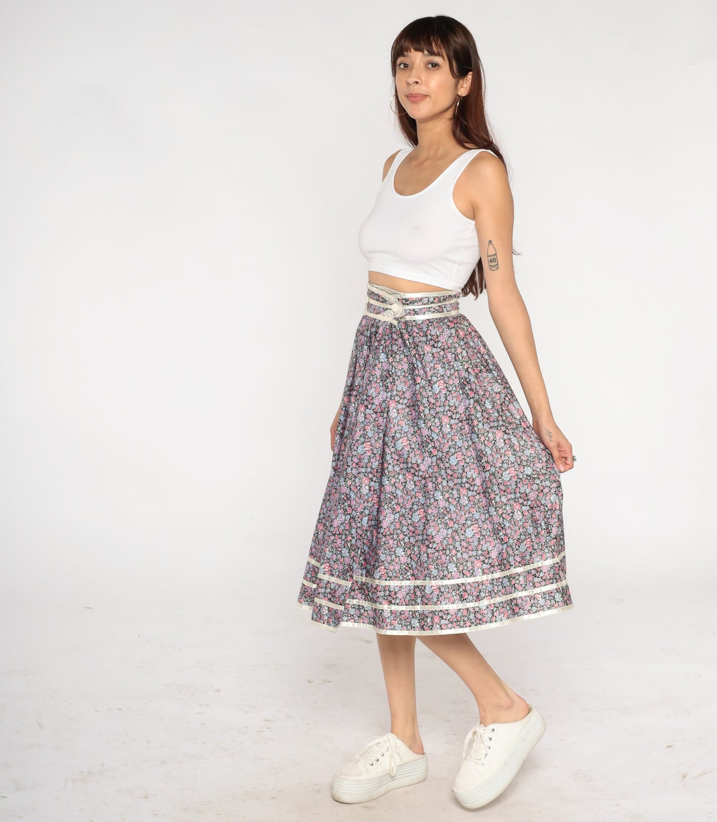 70s Gunne Sax Floral Midi Skirt Black Calico Lace Cotton Small