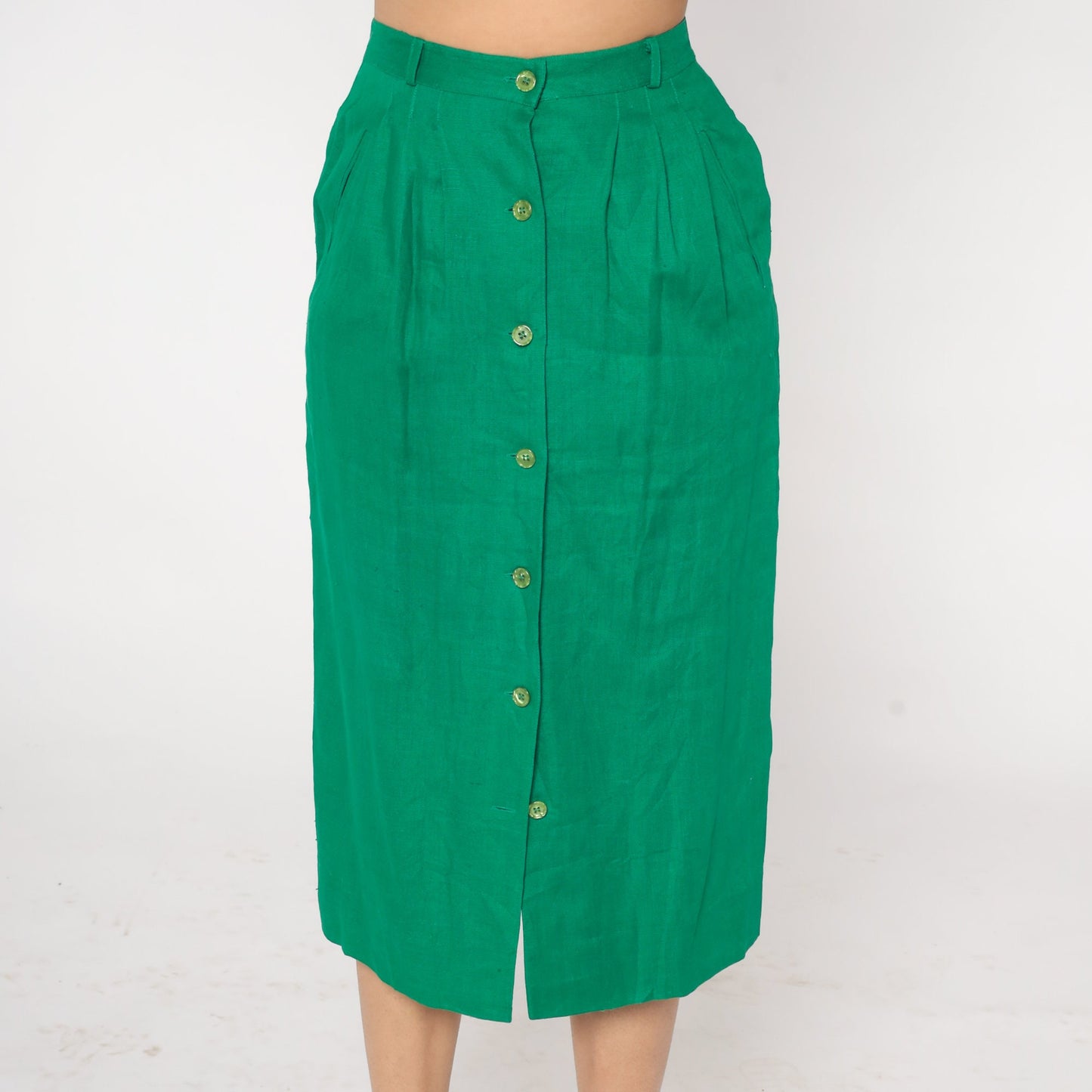 80s Green Linen Midi Skirt High Waist Button Front Pencil Small Medium
