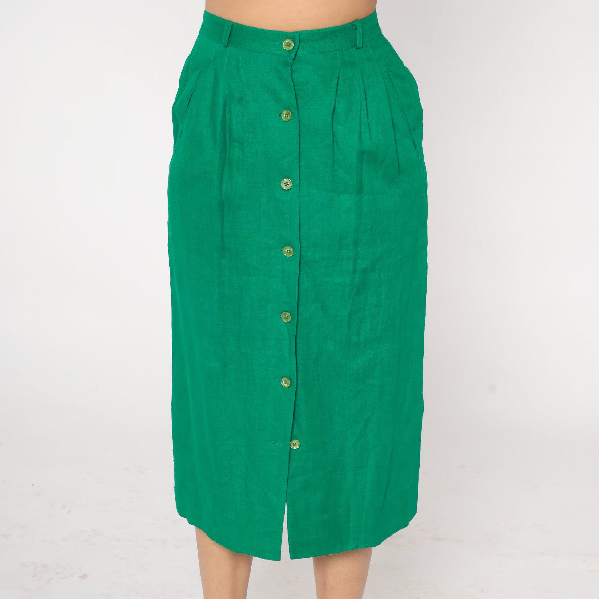 80s Green Linen Midi Skirt High Waist Button Front Pencil Small Medium