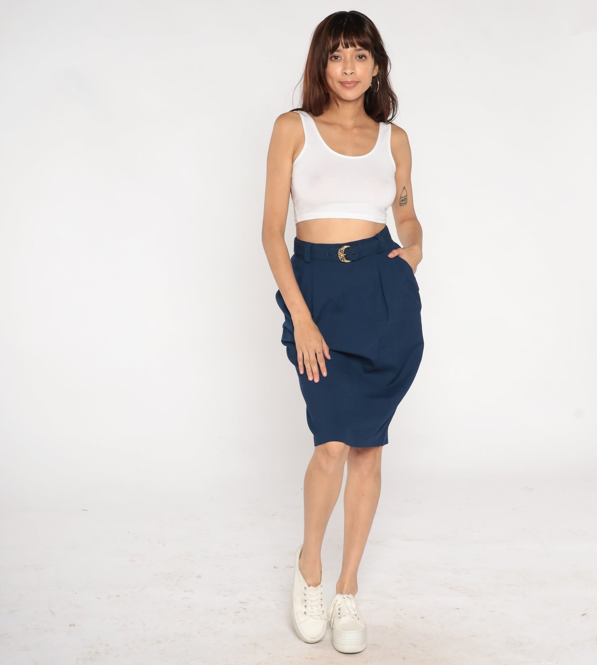80s Navy Pencil Skirt High Waisted Knee Length Belted Small