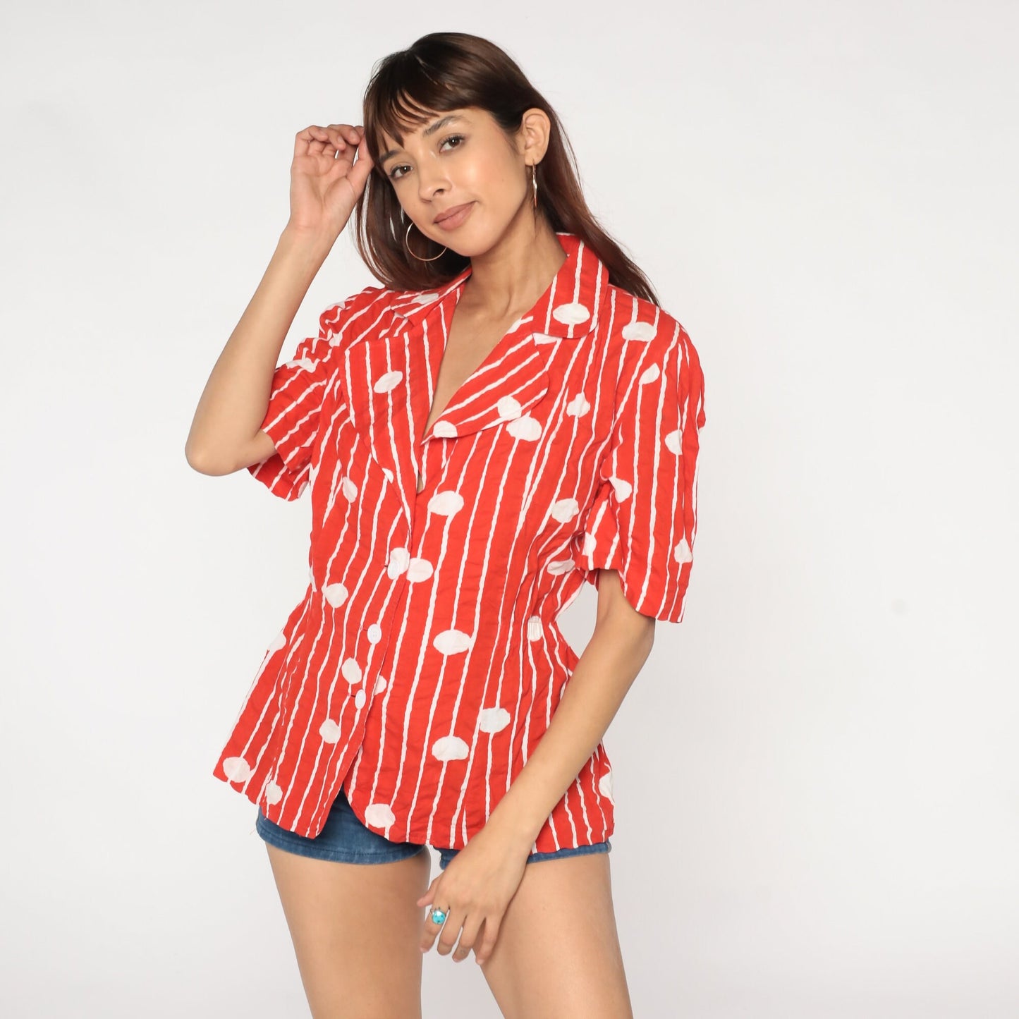 80s Red Striped Polka Dot Cotton Button-Up Blouse Short Sleeve Notched Collar Large L