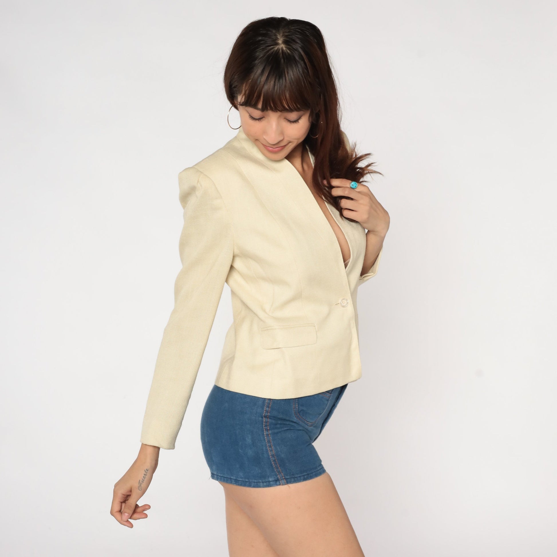 80s Cream Puff Sleeve Blazer Fitted Button-Up Jacket Extra Small XS