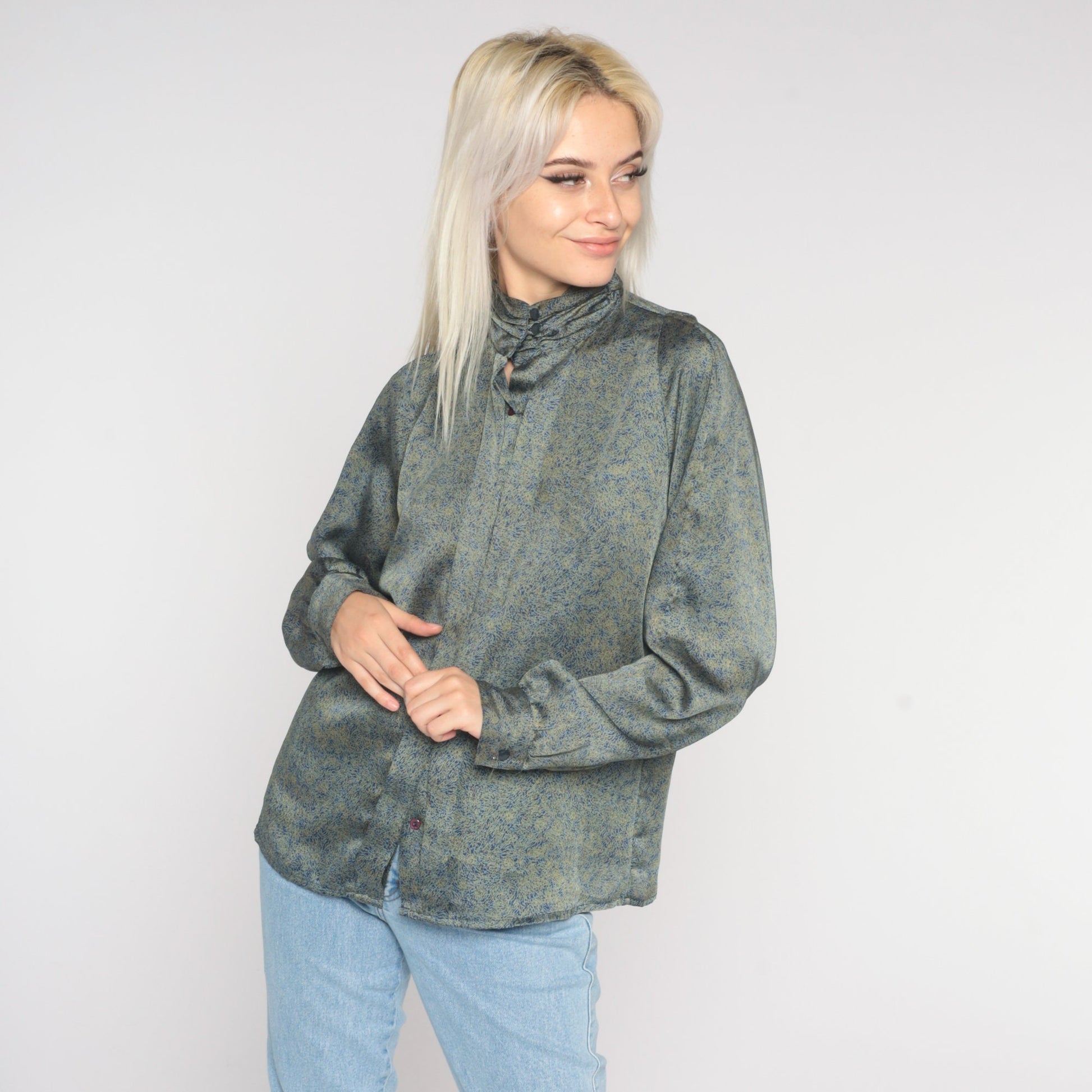 80s Abstract Print Mock Neck Blouse Long Sleeve Secretary Shirt Medium