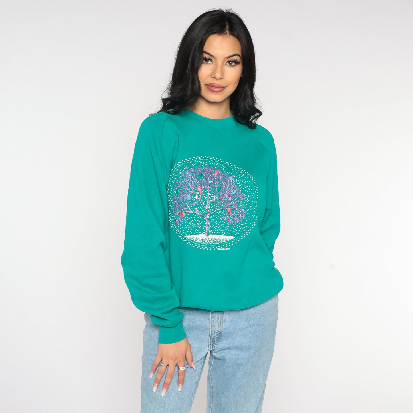 80s Jerzees Bird Tree Raglan Sweatshirt Green Graphic Crewneck Extra Large
