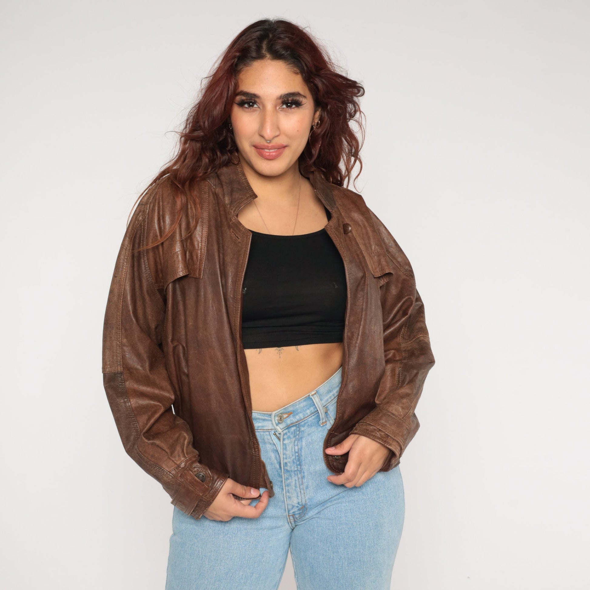 90s Brown Leather Snap Jacket Motorcycle Biker Coat Mens Medium M
