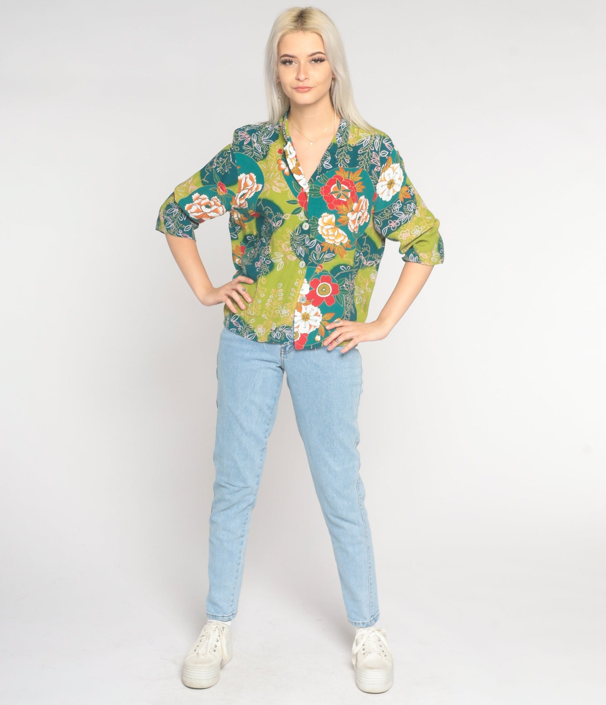 90s Floral Button-Up Blouse Blue Green Rayon 3/4 Sleeve Medium M