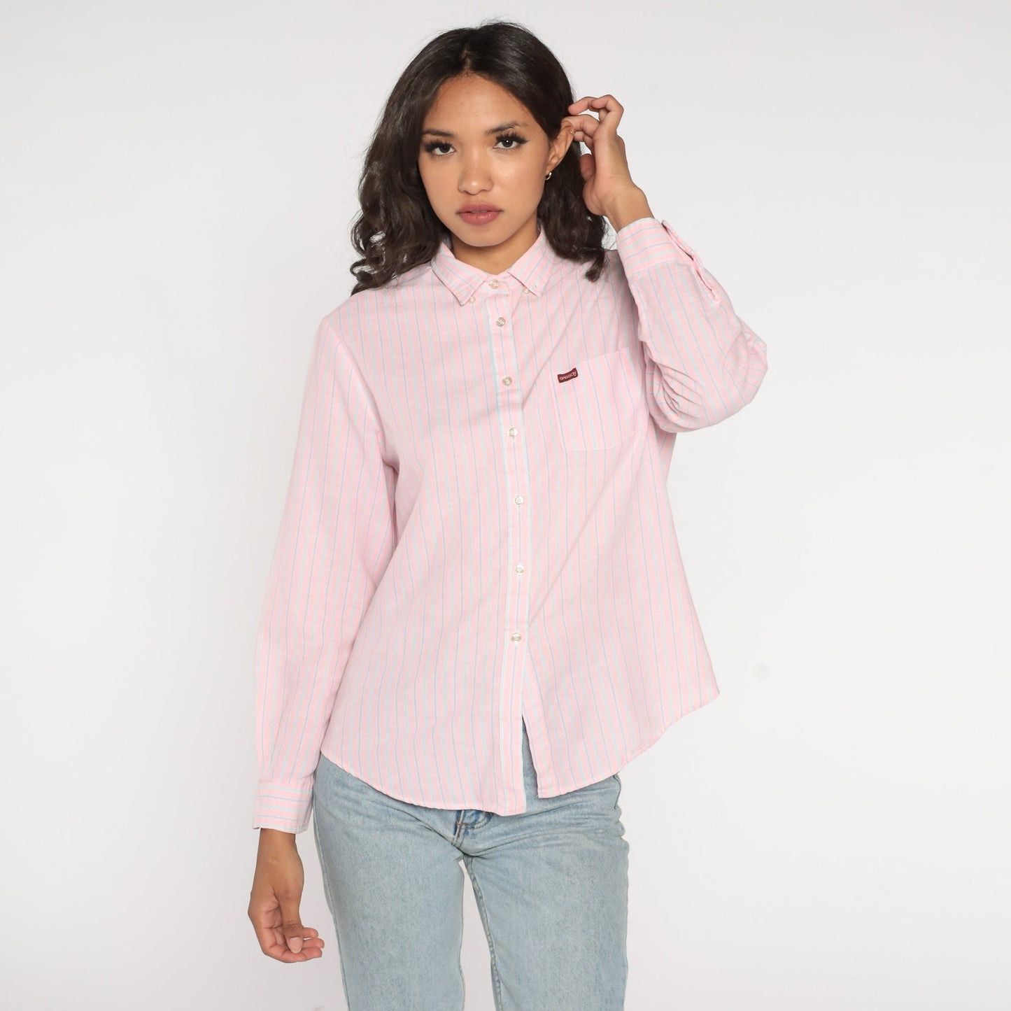 90s Sasson Striped Button-Up Blouse Pink Blue Long Sleeve Extra Large