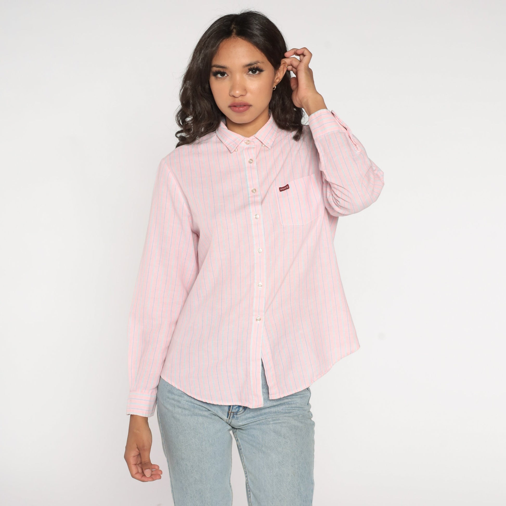 90s Sasson Striped Button-Up Blouse Pink Blue Long Sleeve Extra Large