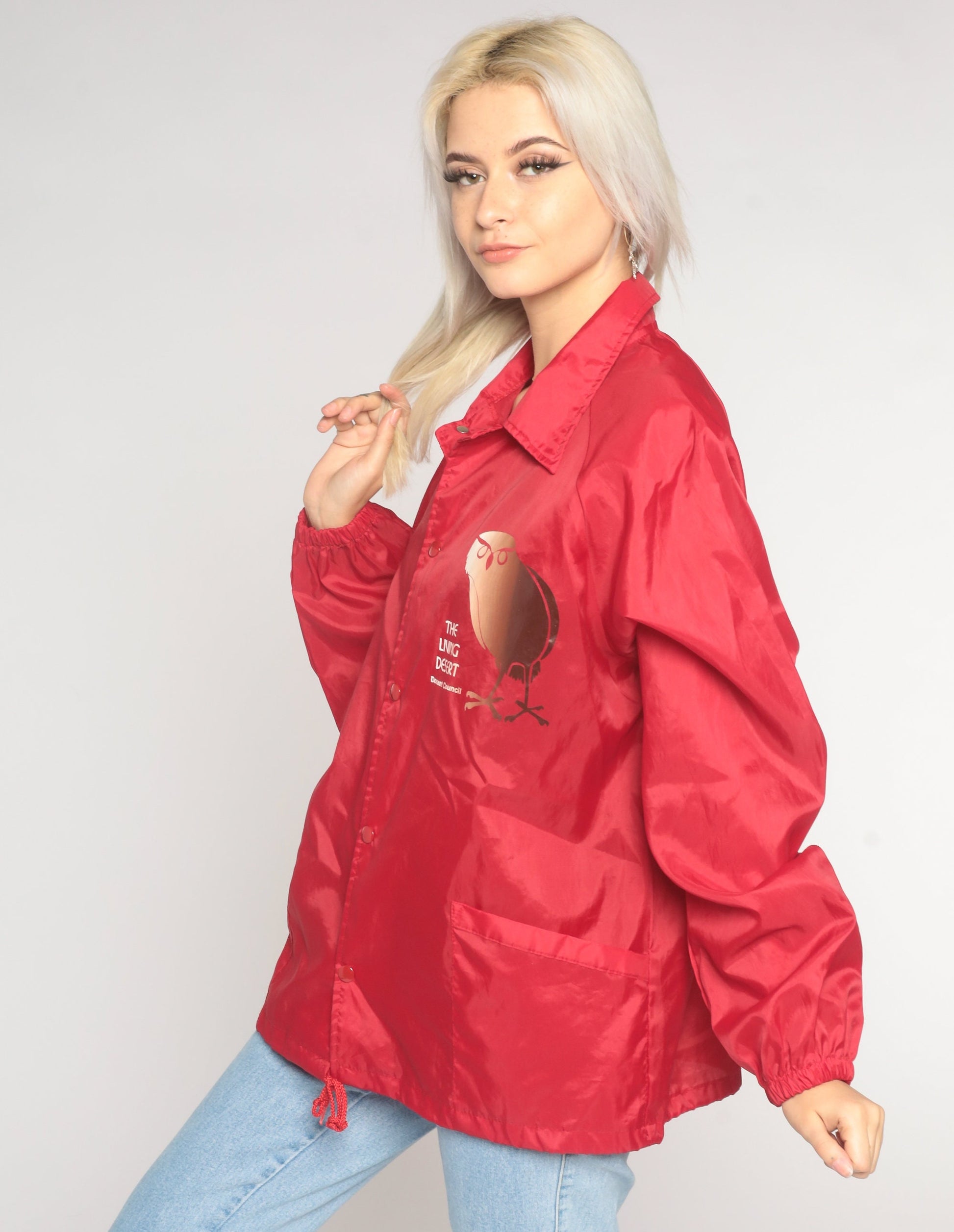 90s The Living Desert Owl Windbreaker Red Nylon Snap Jacket Medium