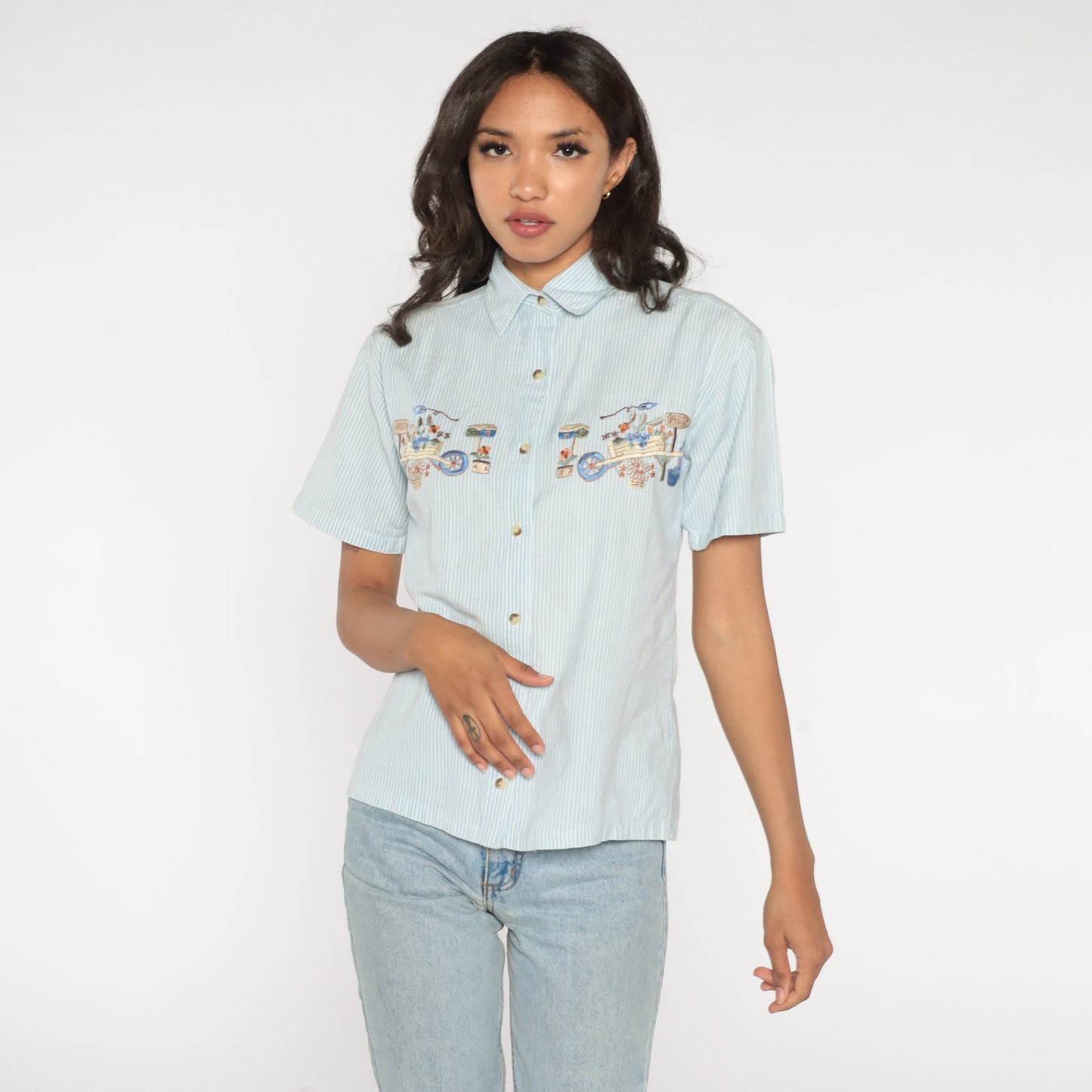 90s Gardening Embroidered Button Up Shirt Blue White Striped Small