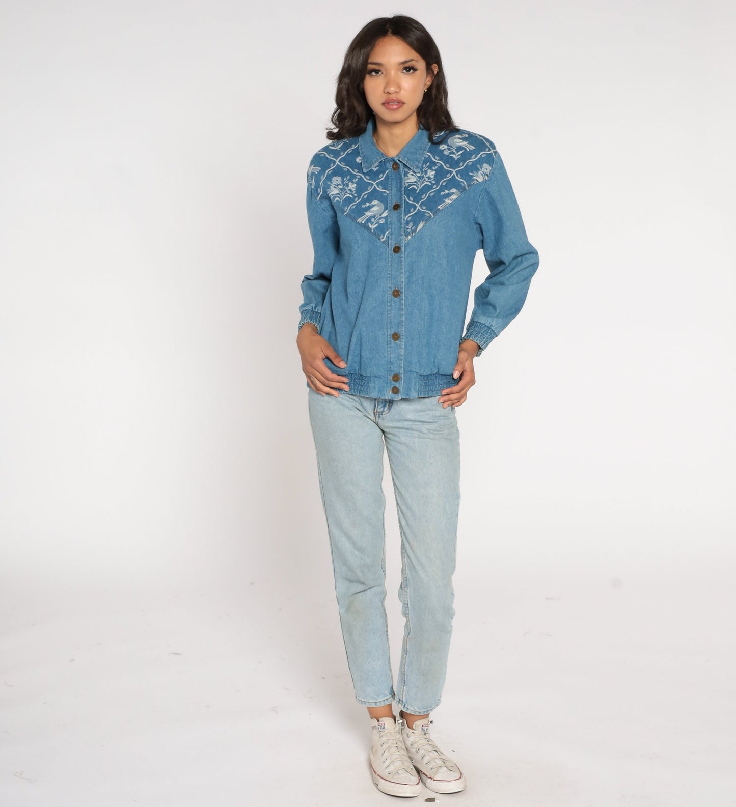 90s Floral Bird Tapestry Denim Jacket Cotton Button-Up Medium