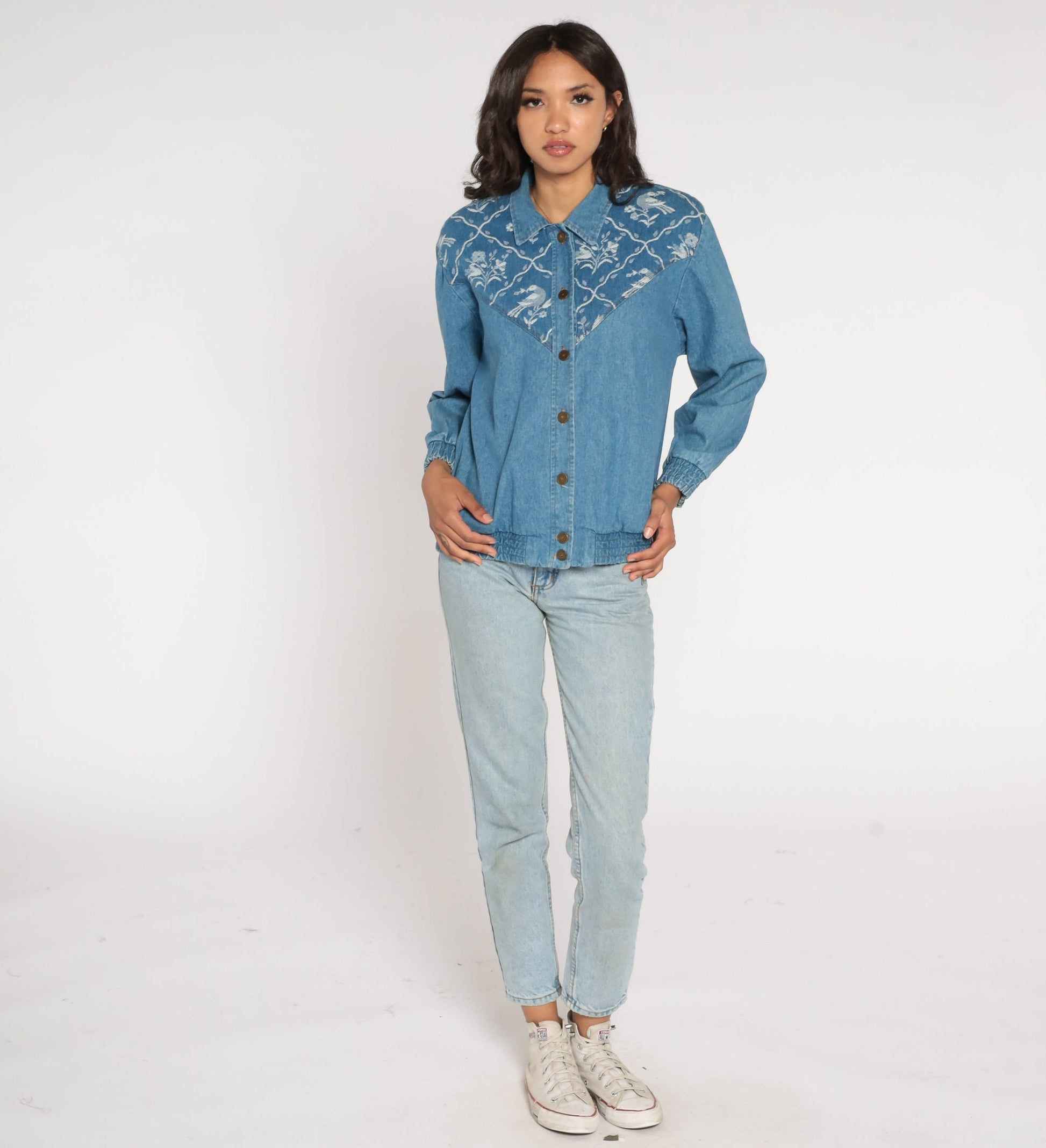 90s Floral Bird Tapestry Denim Jacket Cotton Button-Up Medium