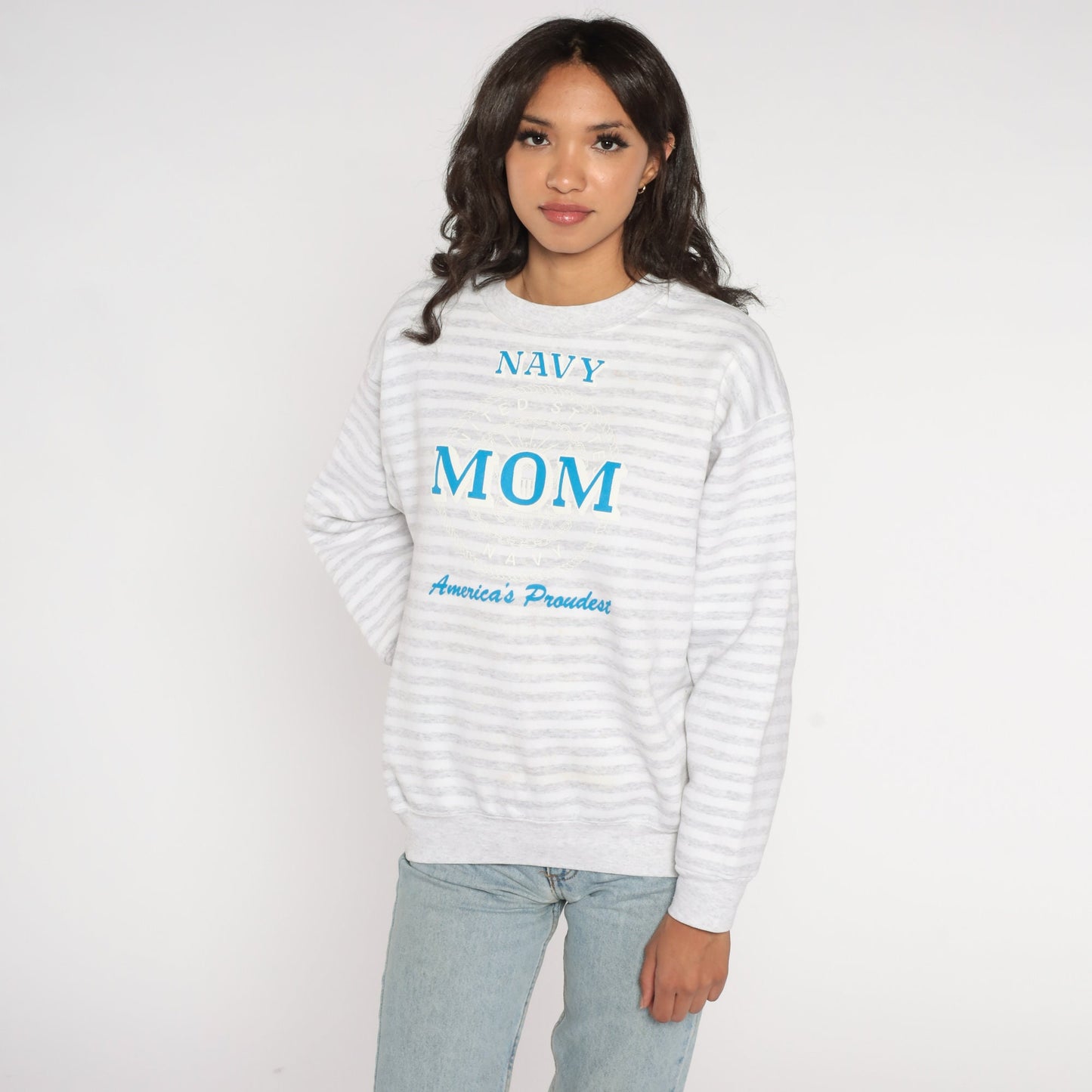 90s Navy Mom America's Proudest Striped Sweatshirt Grey White Crewneck Large