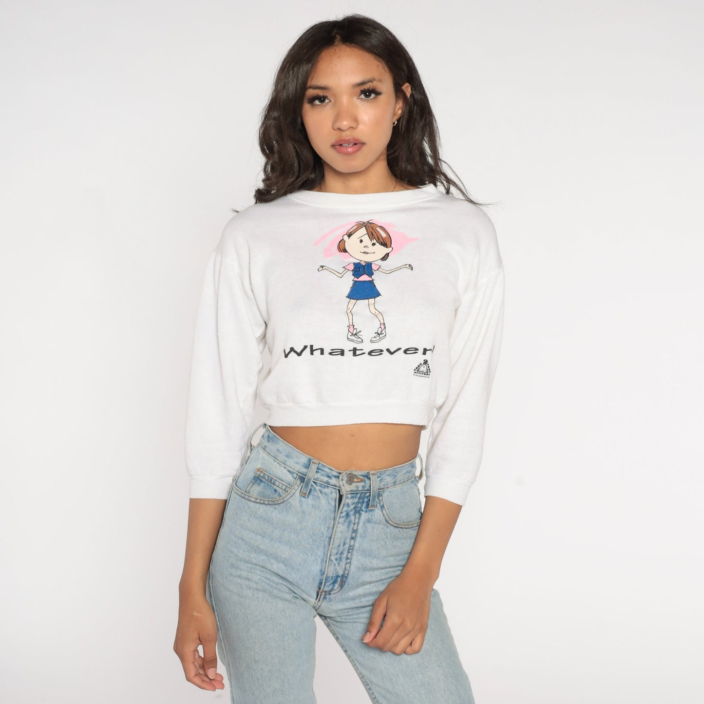 90s Whatever Graphic Cropped Sweatshirt White Sassy Girl Small S