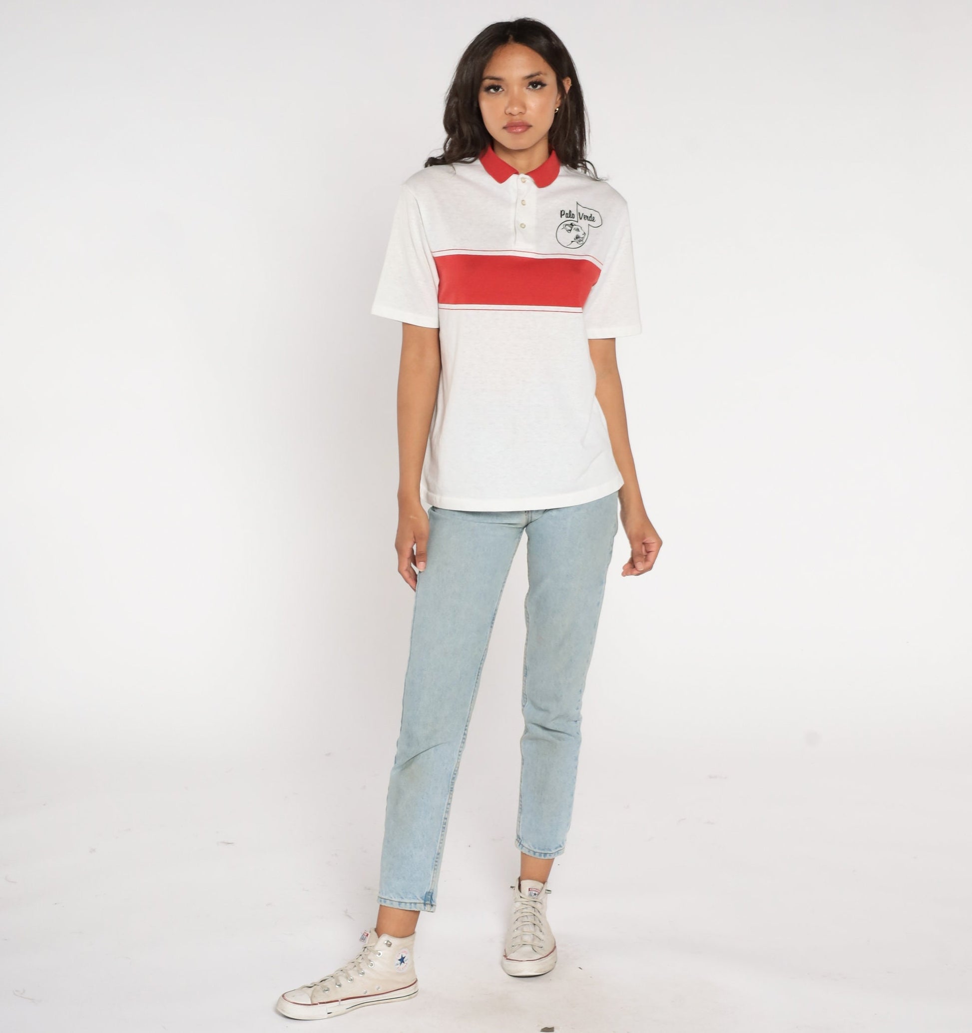 90s Palo Verde Cougars Polo Shirt Striped White Red Las Vegas High School Medium Large
