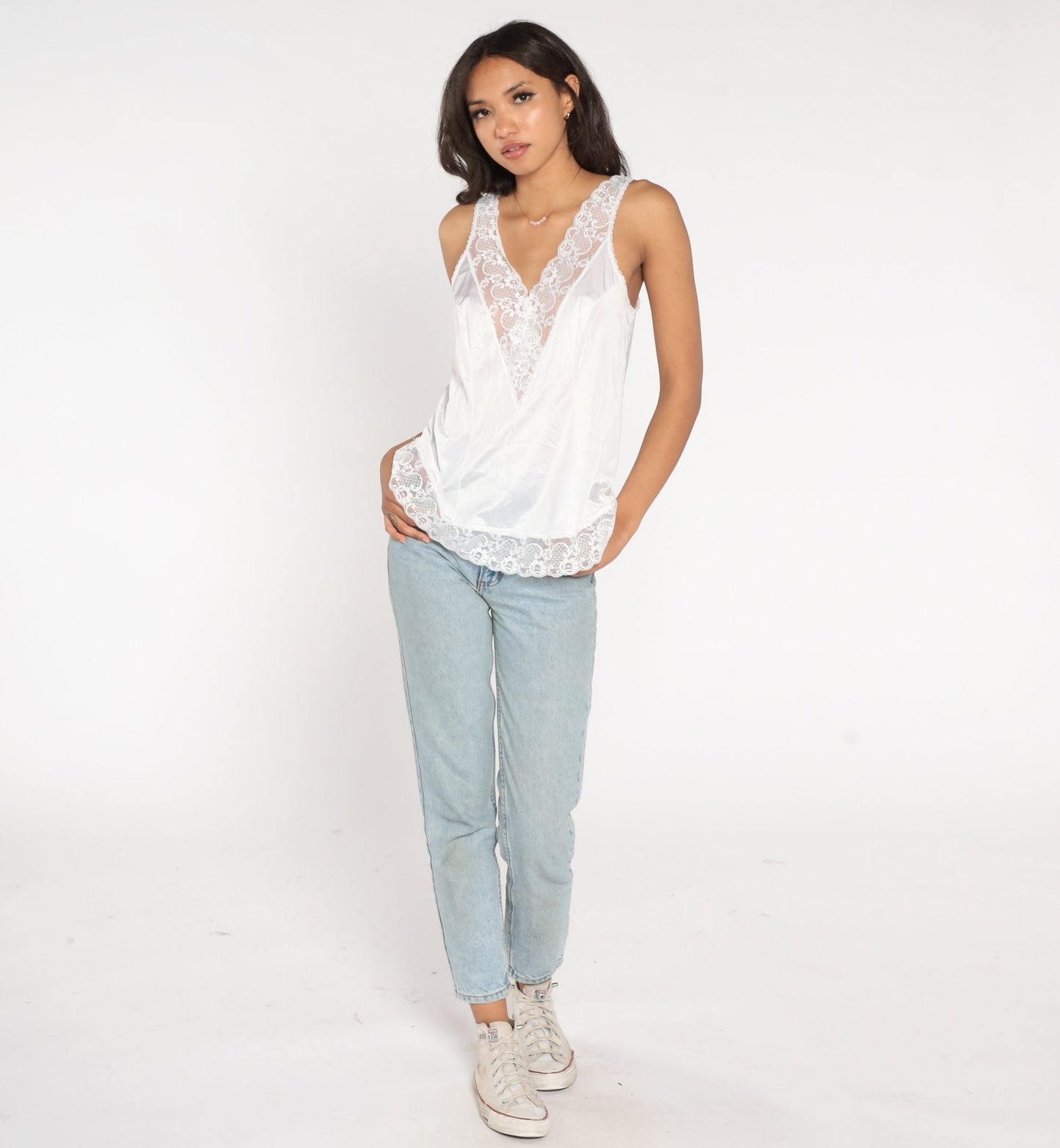 80s White Lace Camisole V-Neck Tank Top Lingerie Large L