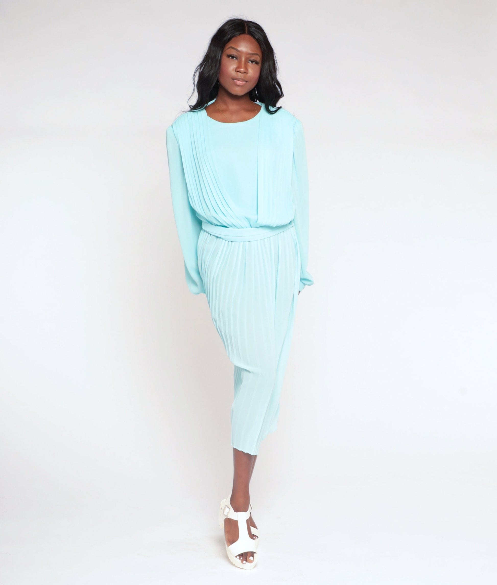 80s Blue Pleated Midi Dress Long Sleeve Keyhole Back Semi Sheer Medium Large