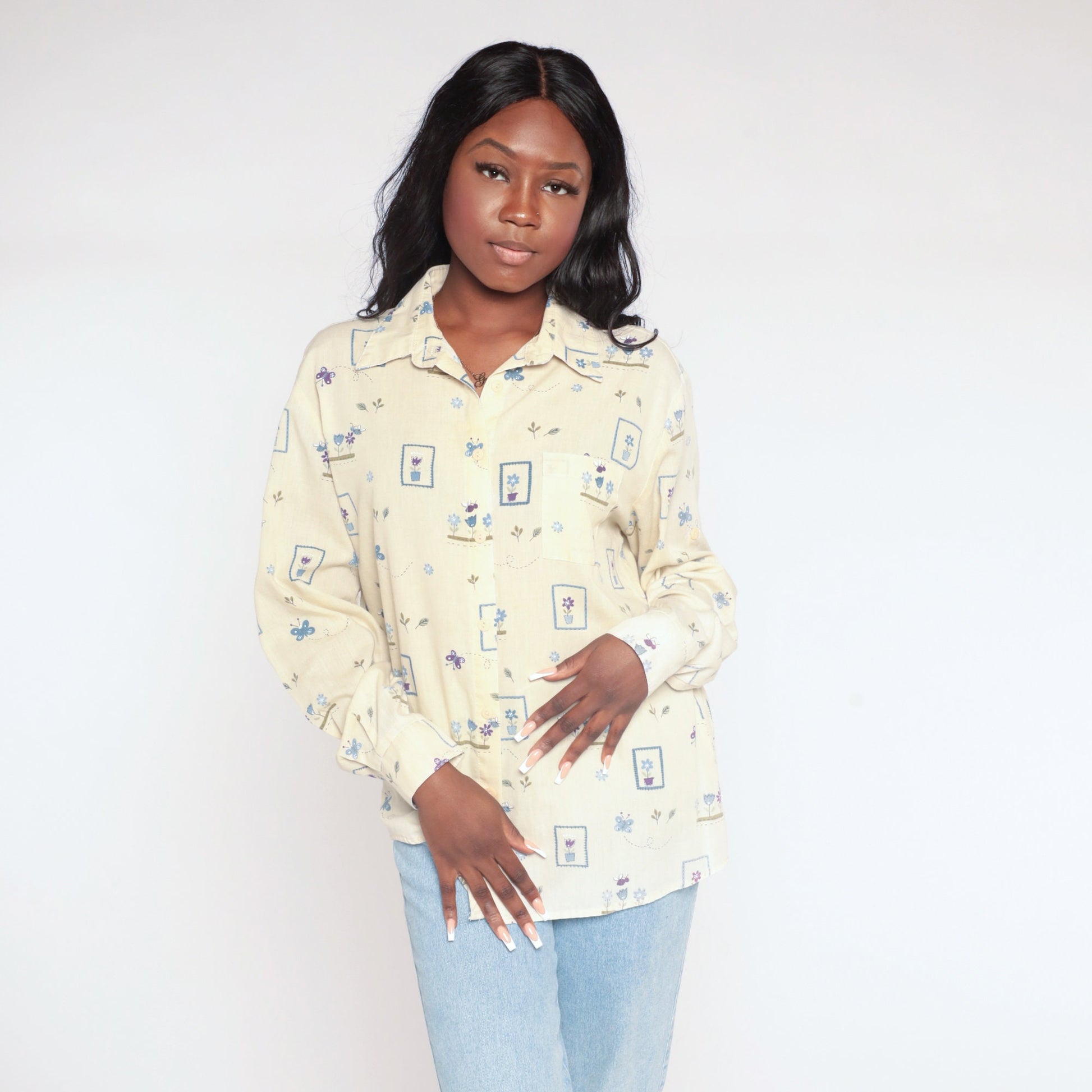 90s Yellow Butterfly Flower Print Button-Up Blouse Long Sleeve Large L