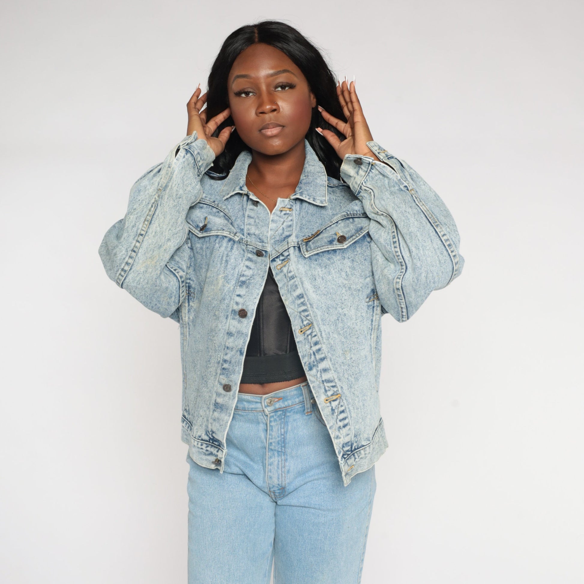 90s Acid Wash Denim Jacket Blue Button-Up Medium M