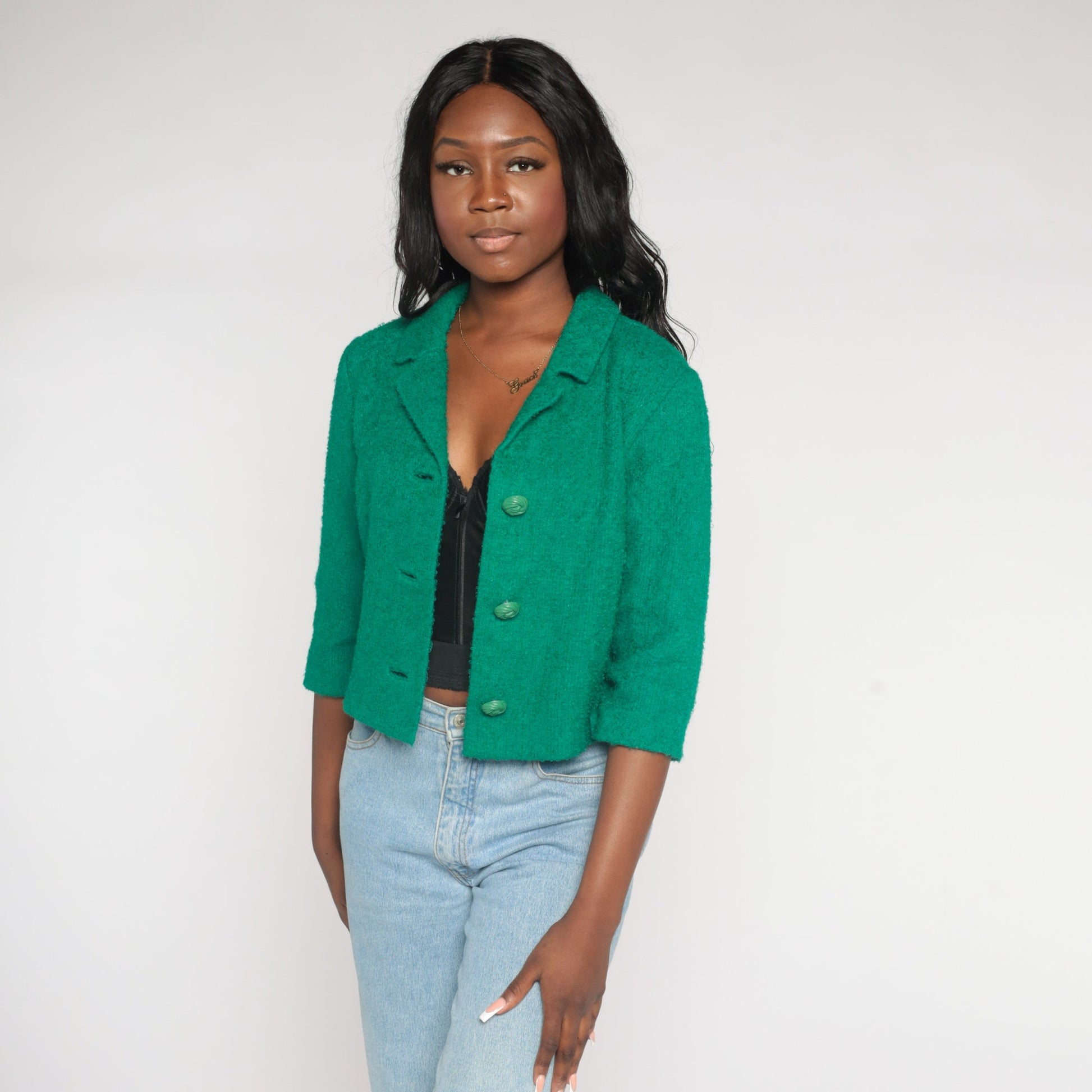 60s R & K Originals Green Wool Blend Blazer Cropped 3/4 Sleeve Small