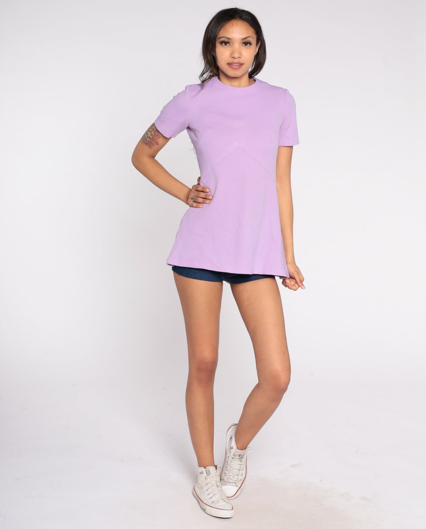 70s Lavender Mod Shirt Short Sleeve Empire Waist Blouse Small S