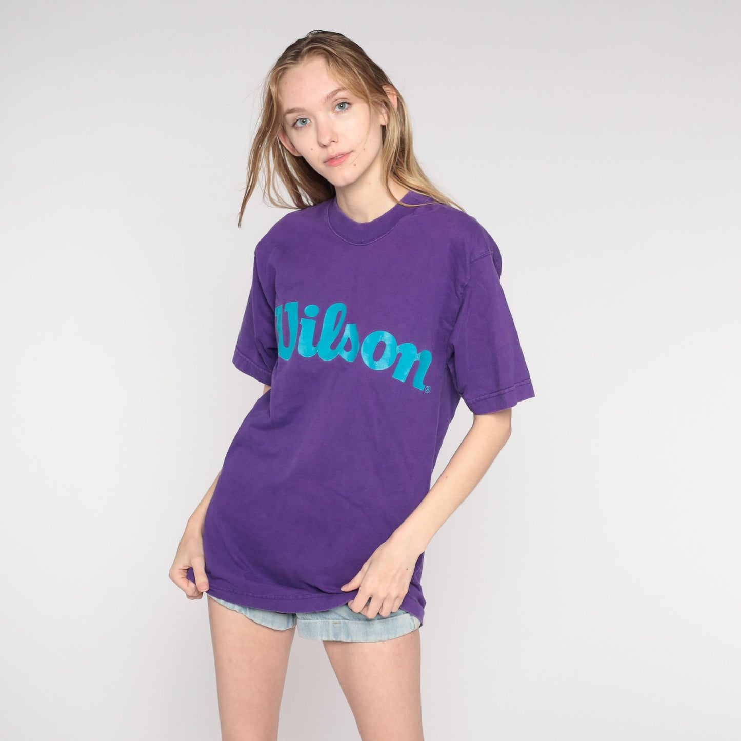 90s Wilson Purple Spellout Graphic T-Shirt Cotton Medium