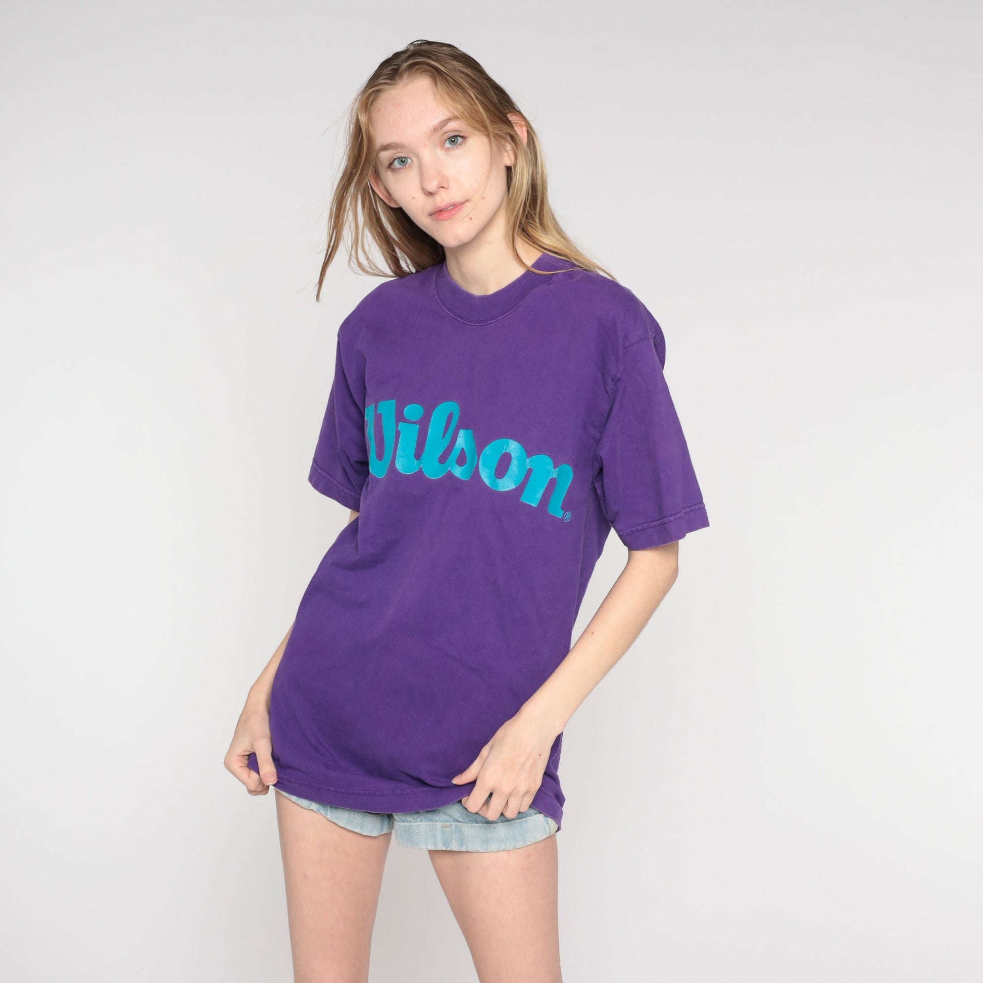 90s Wilson Purple Spellout Graphic T-Shirt Cotton Medium