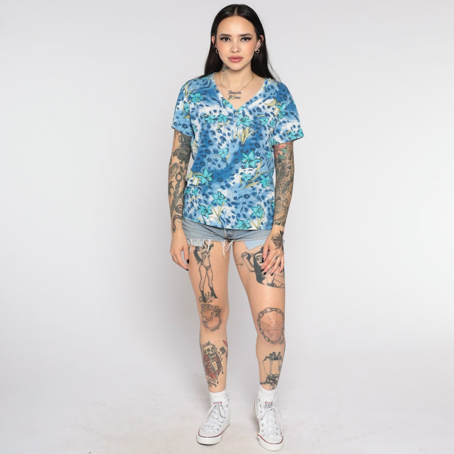 00s Tropical Floral Leopard Print Button-Up Blouse Blue Short Sleeve Small S