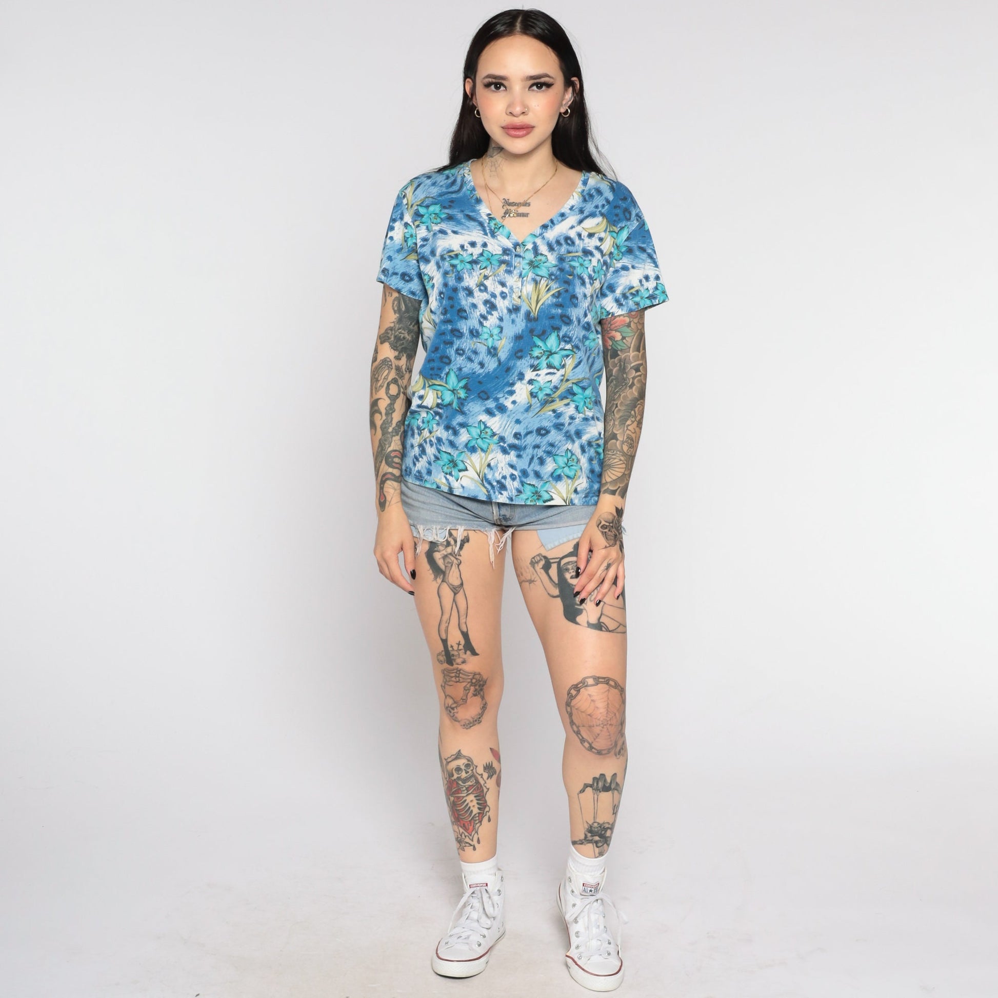 00s Tropical Floral Leopard Print Button-Up Blouse Blue Short Sleeve Small S