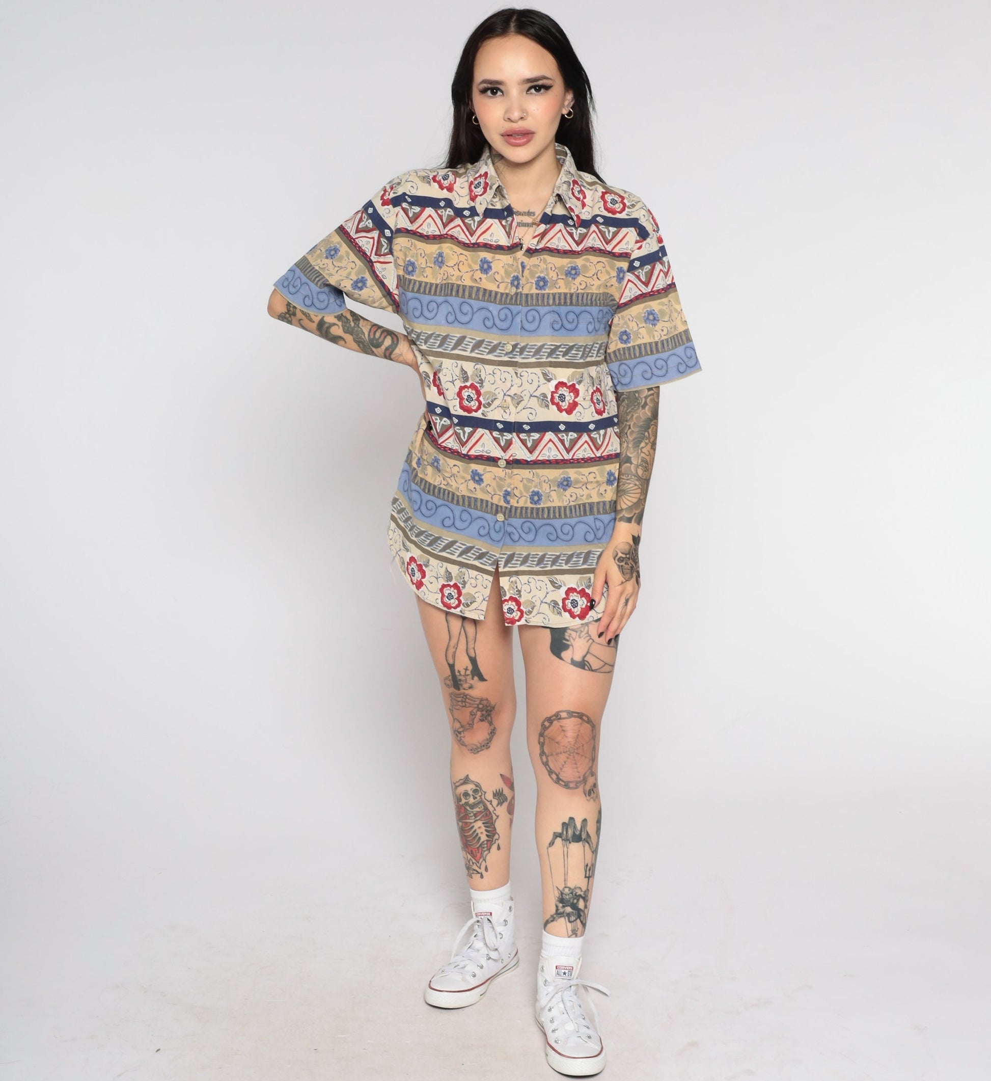 90s Floral Geometric Print Button-Up Blouse Blue Beige Short Sleeve Medium