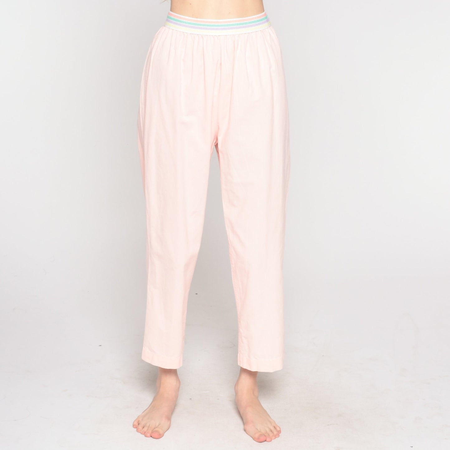 80s Baby Pink Striped Elastic Waist Tapered Trousers Small